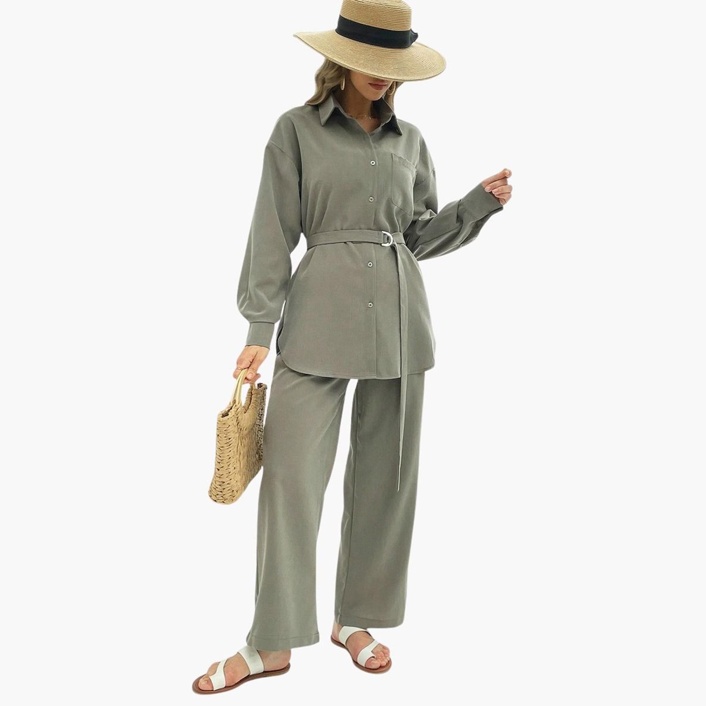 Take Two Solid Button Front Belted Shirt and Pants Co-Ords-women-clothing-coordsets-image-6