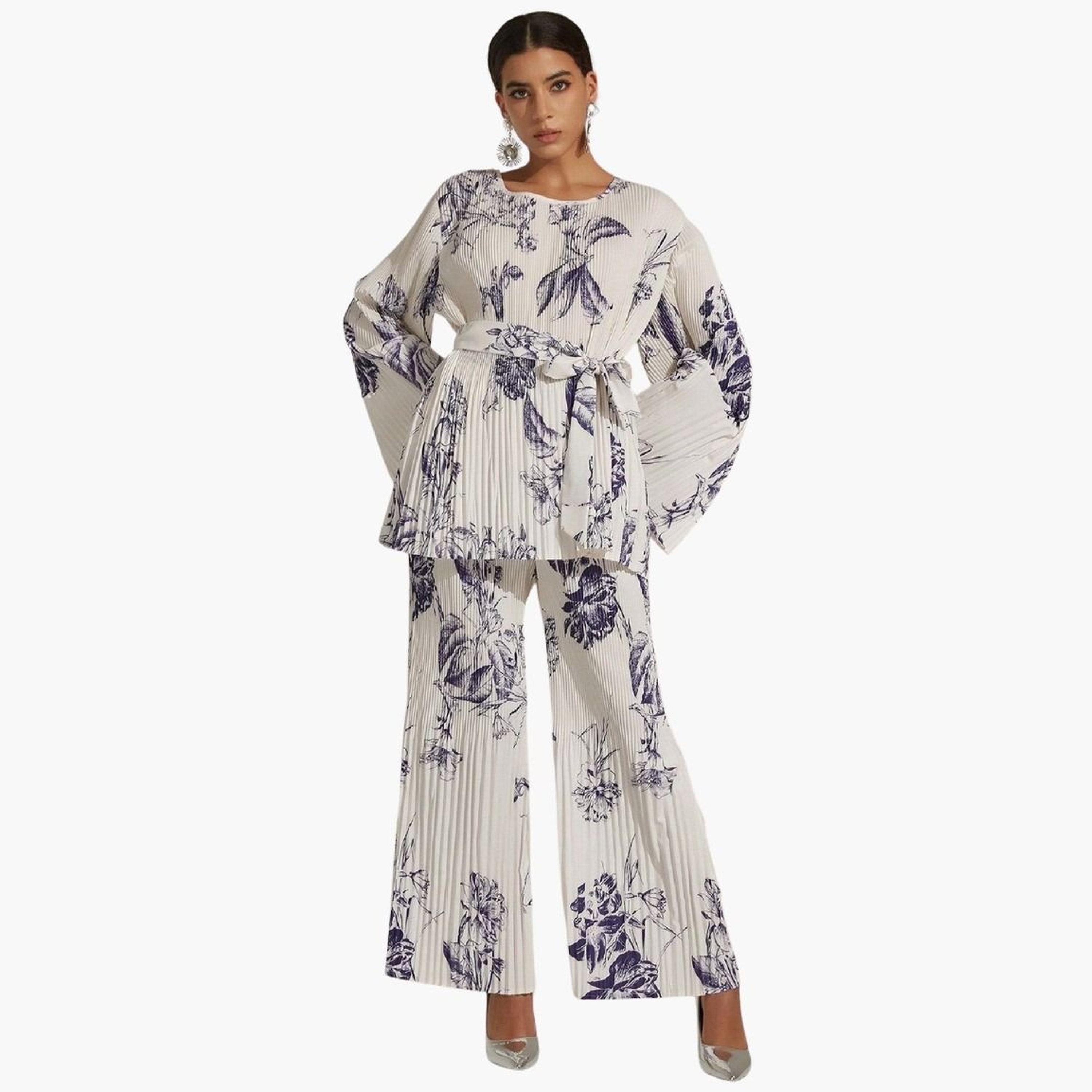 Take Two Pleated Floral Print Top and Trouser Co-Ords-women-clothing-coordsets-image-1