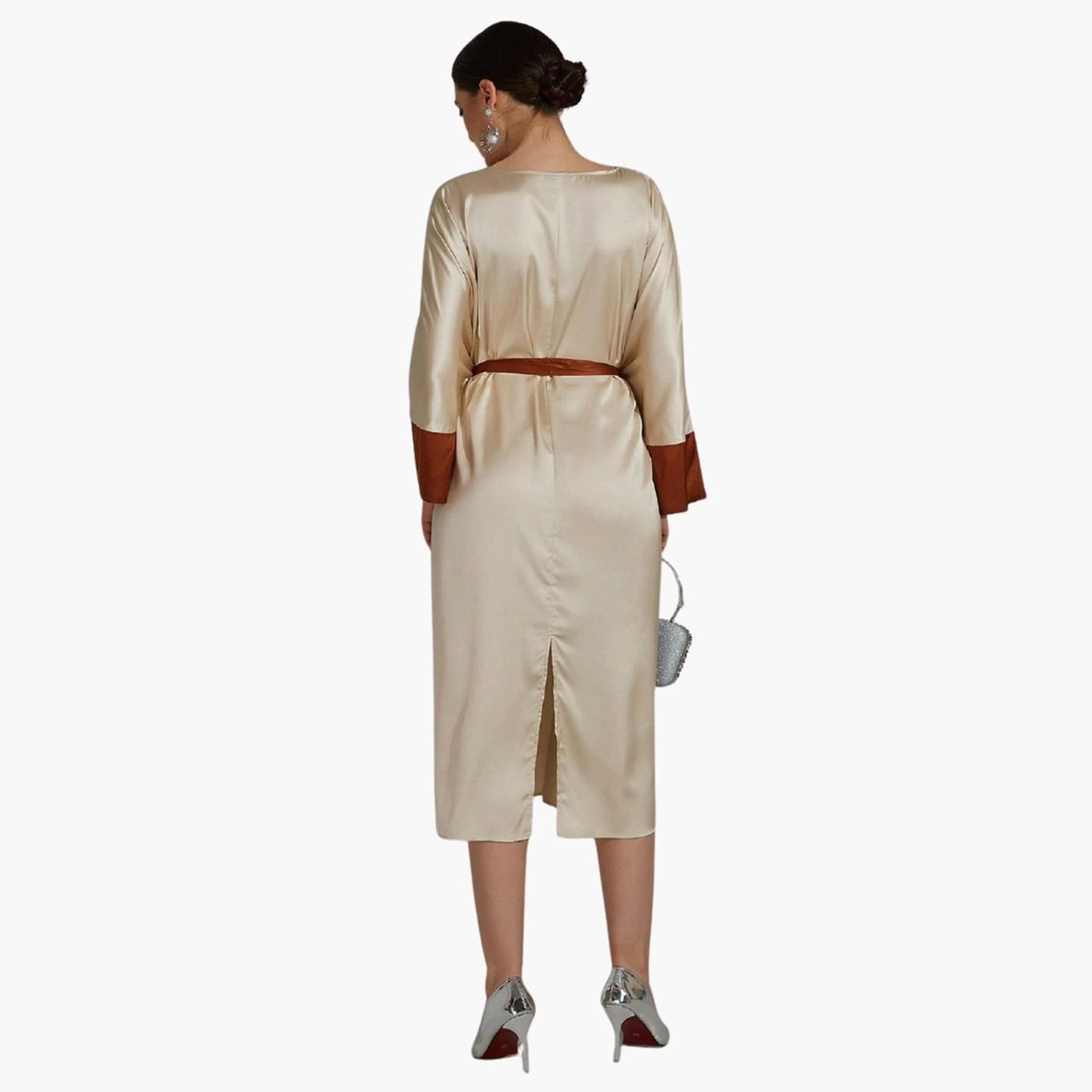 Take Two Beige Contrast Cuff Midi Dress with Tie Belt-women-clothing-dresses-image-2