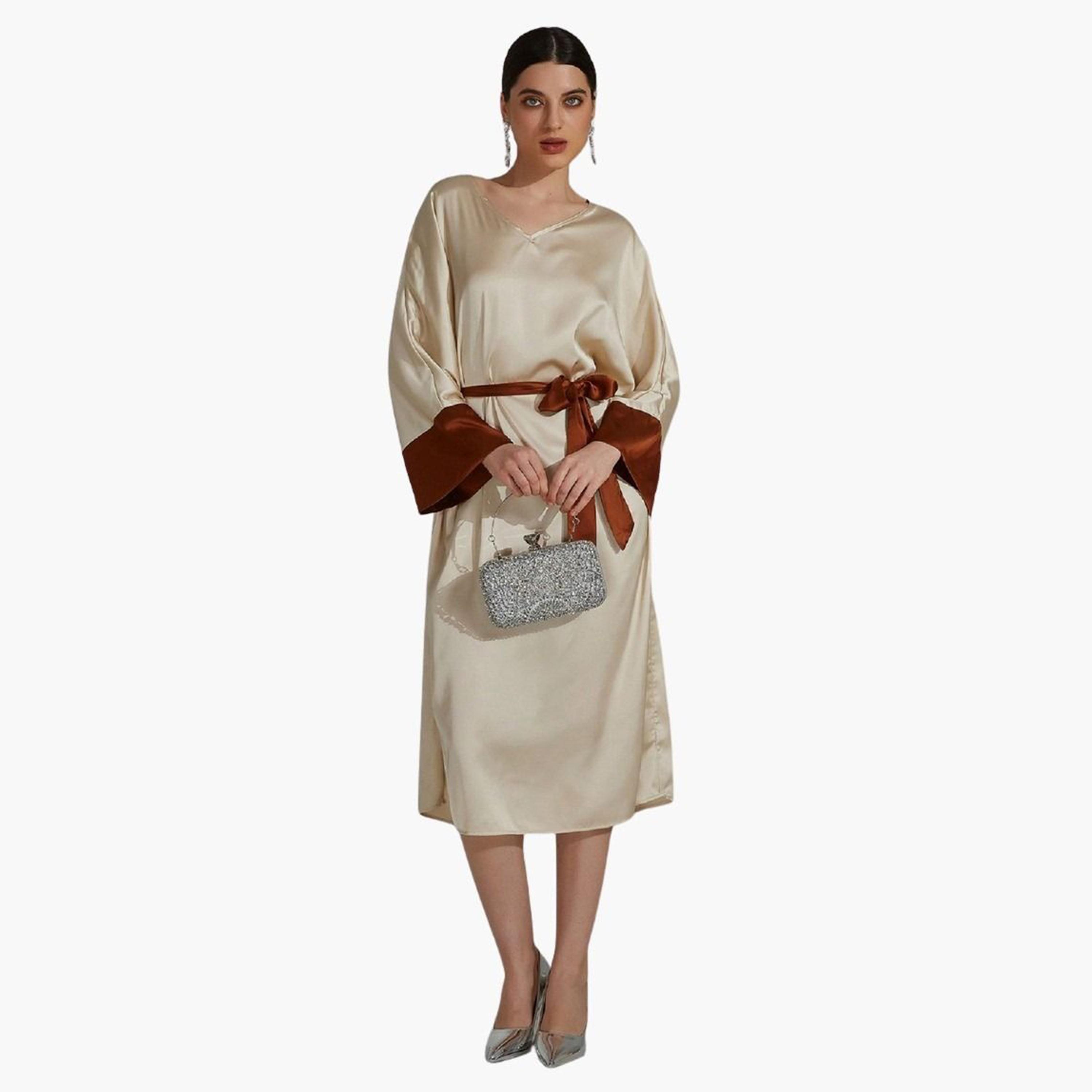Take Two Beige Contrast Cuff Midi Dress with Tie Belt-women-clothing-dresses-image-3