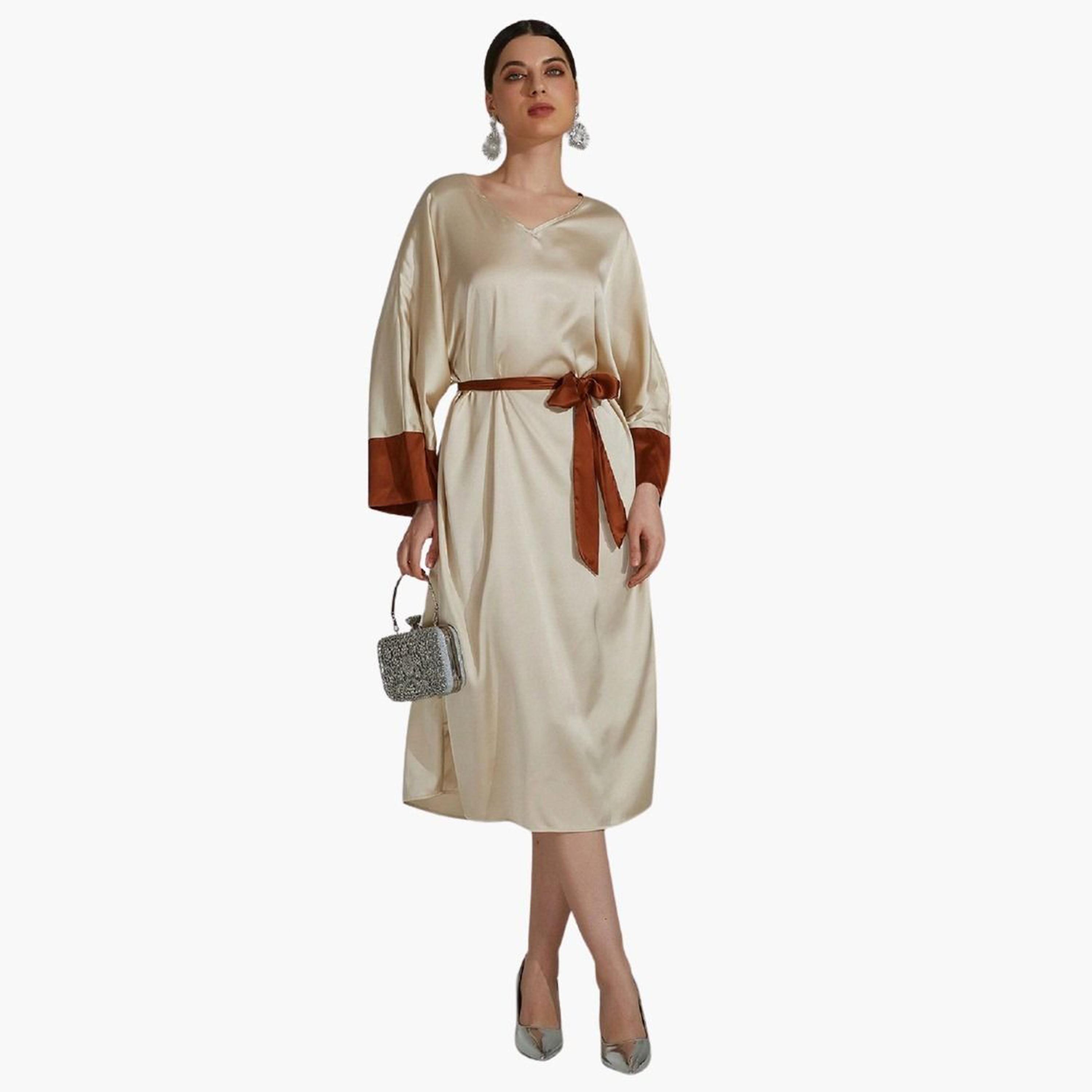 Take Two Beige Contrast Cuff Midi Dress with Tie Belt-women-clothing-dresses-image-4