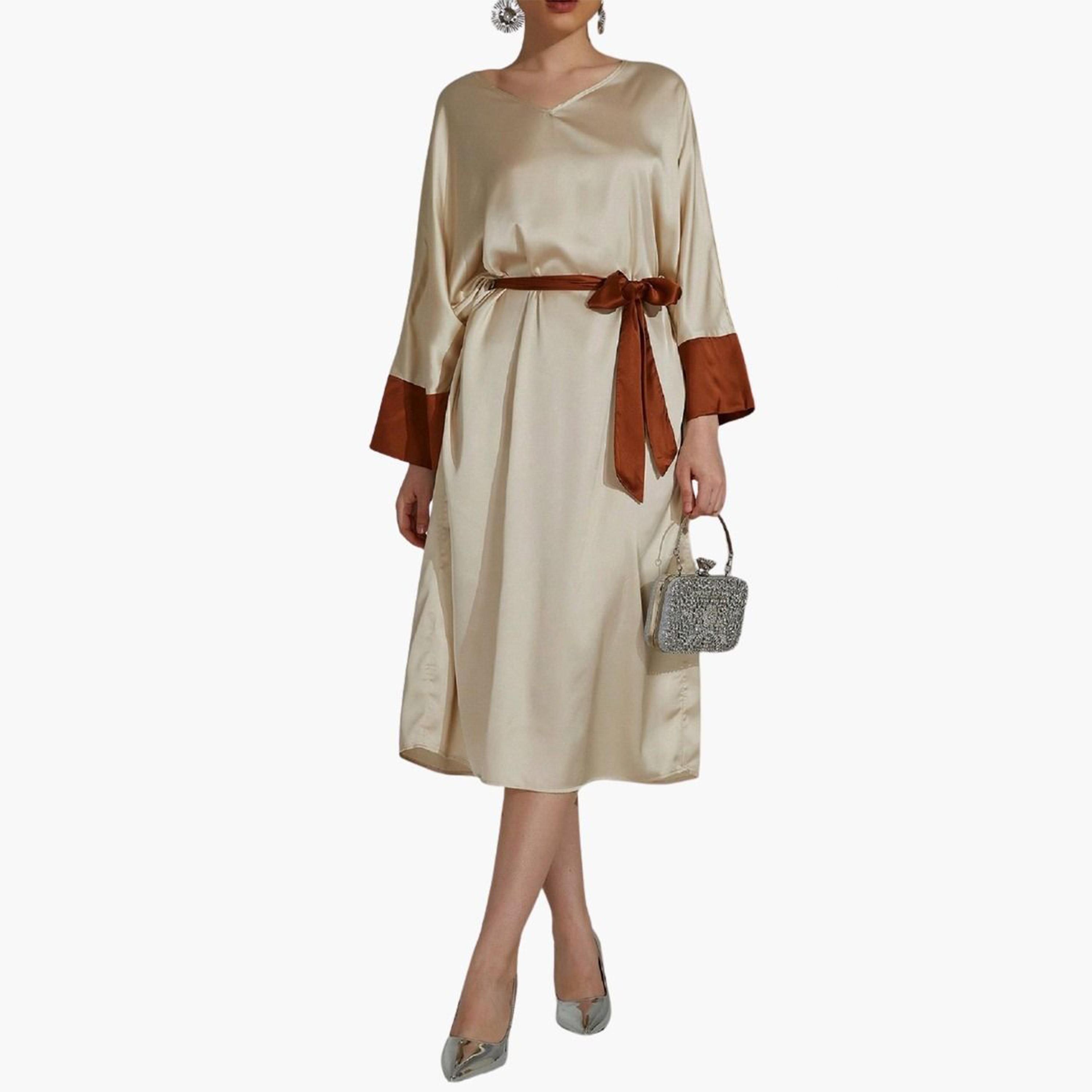 Take Two Beige Contrast Cuff Midi Dress with Tie Belt-women-clothing-dresses-image-5