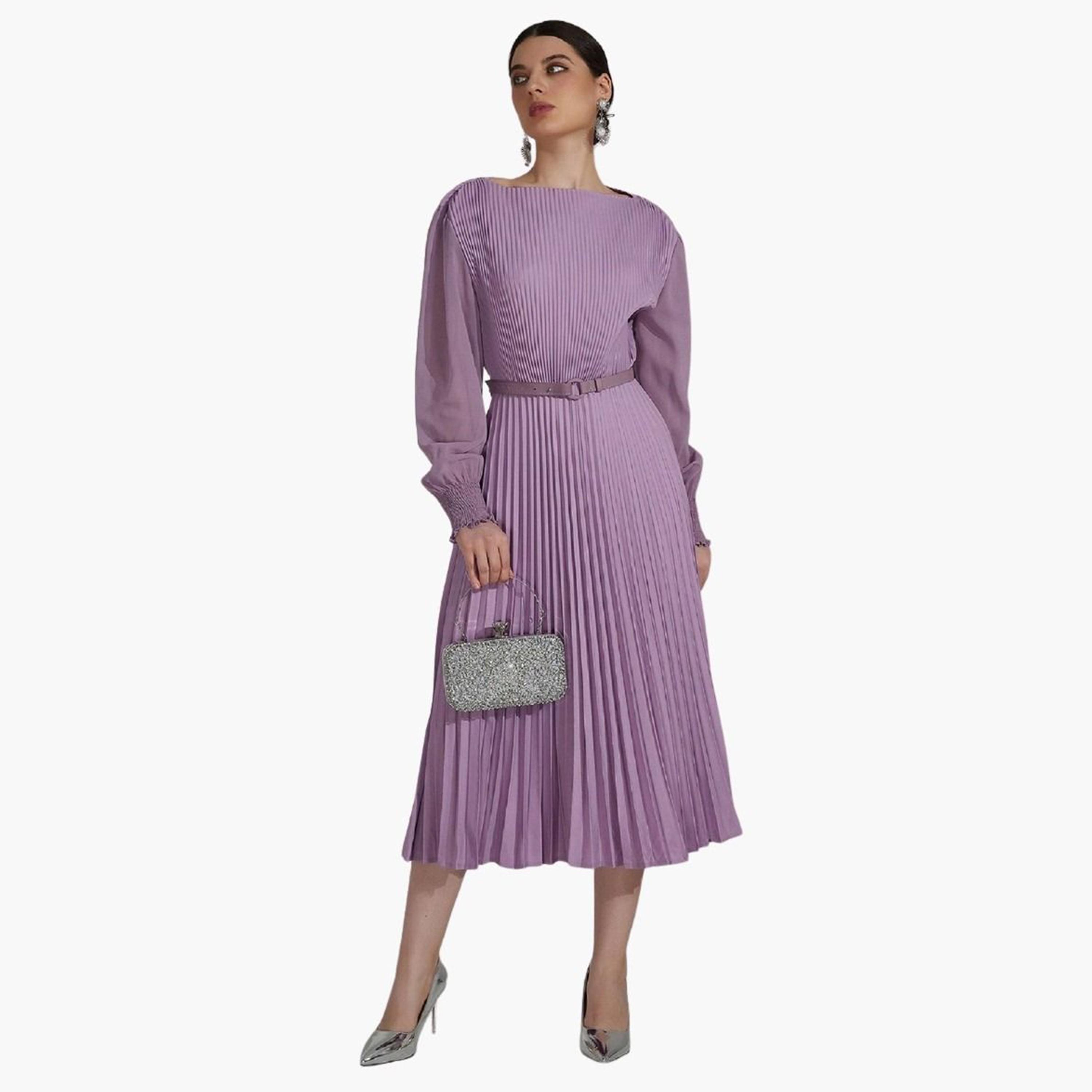 تيك تو - فستان متوسط الطول أرجواني مطوي مع حزام-women-clothing-dresses-image-1