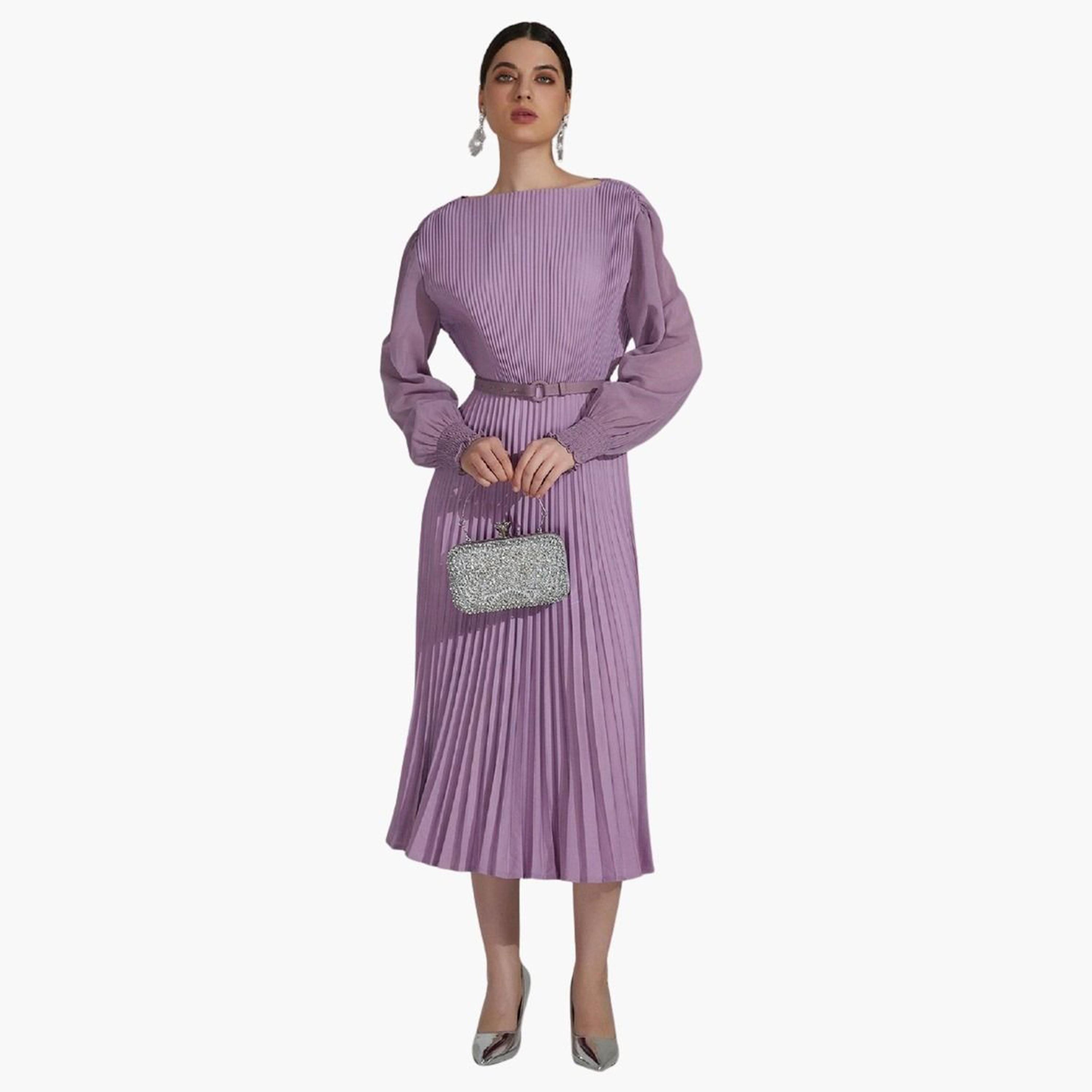 Take Two Purple Pleated Midi Dress with Belt-women-clothing-dresses-image-2