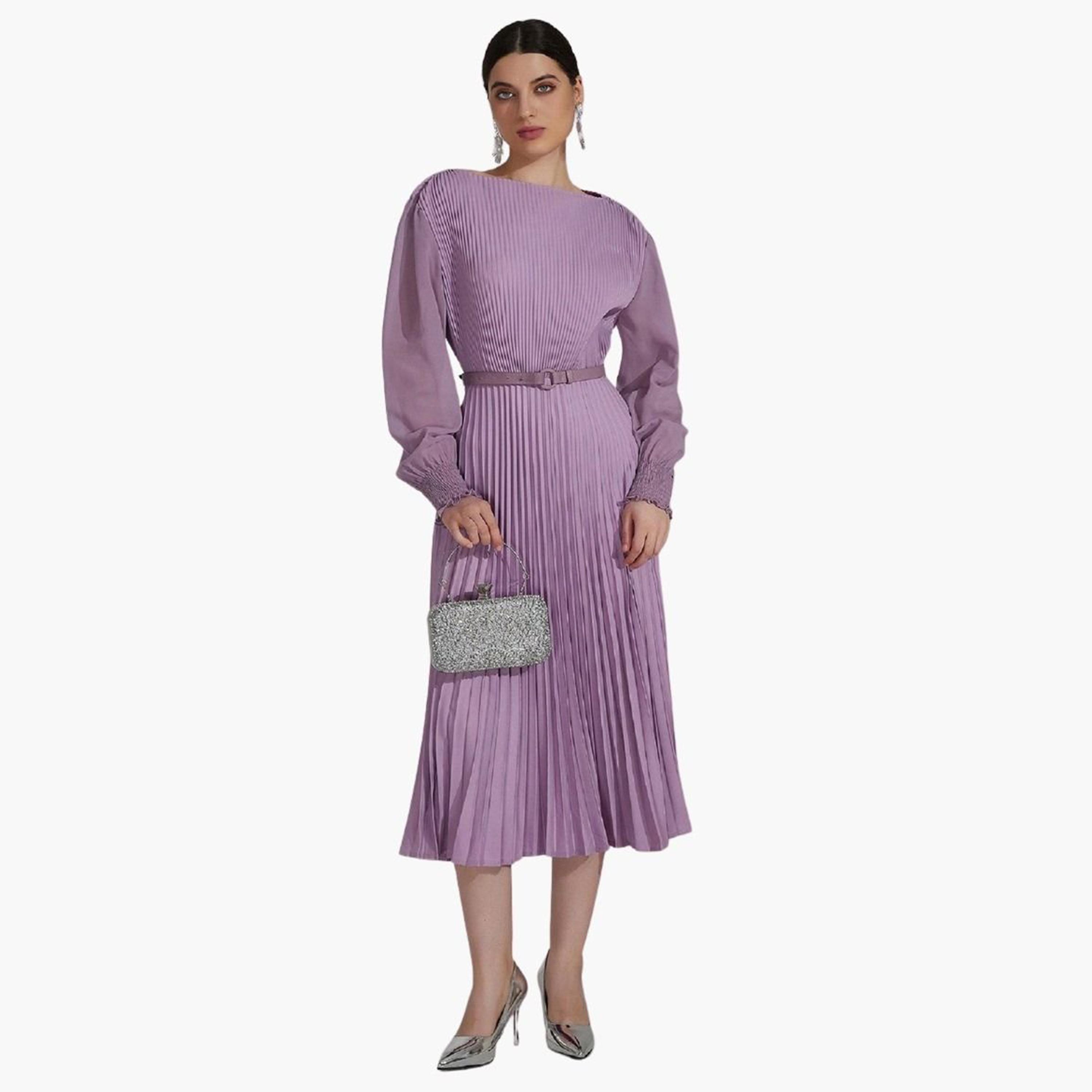 تيك تو - فستان متوسط الطول أرجواني مطوي مع حزام-women-clothing-dresses-image-3
