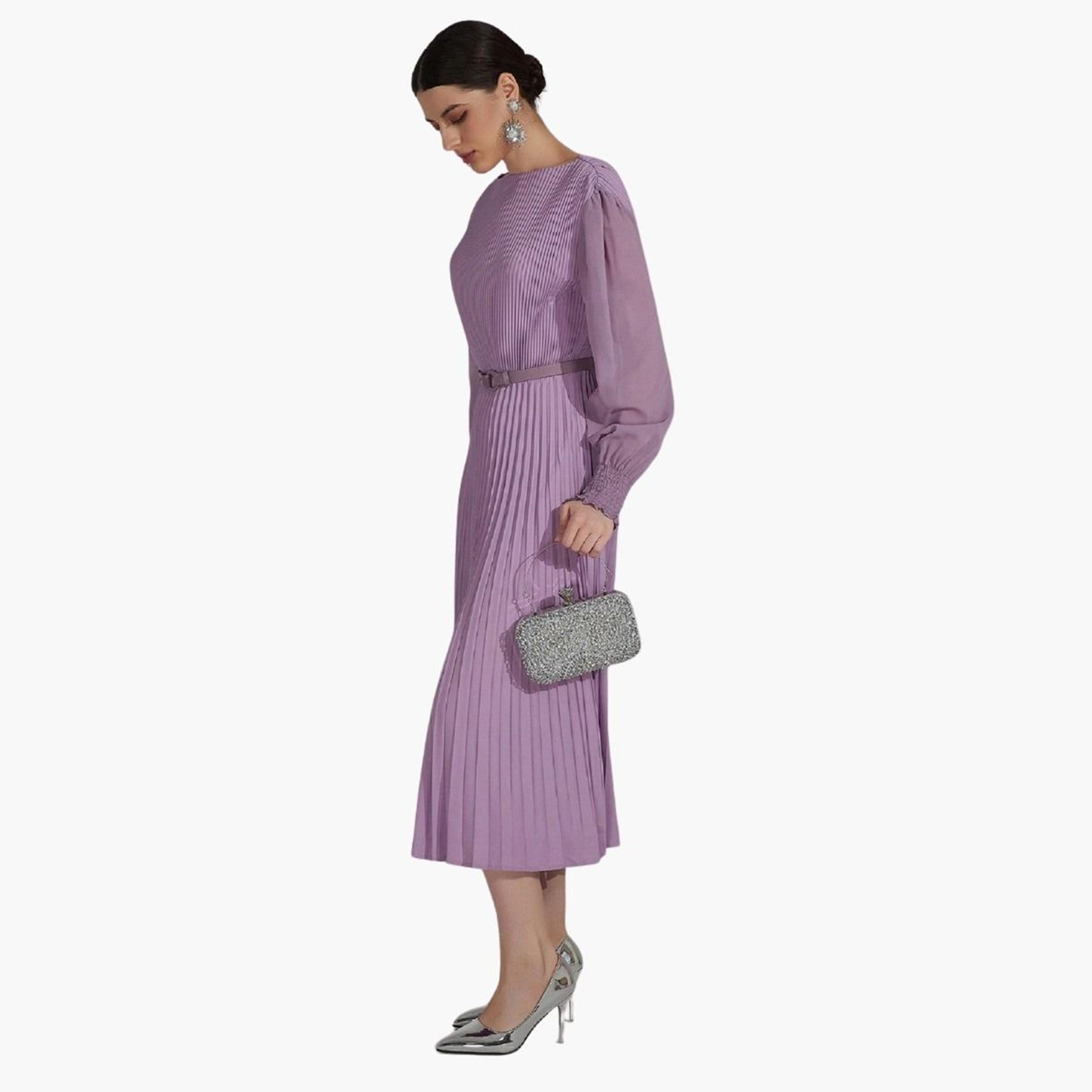 تيك تو - فستان متوسط الطول أرجواني مطوي مع حزام-women-clothing-dresses-image-4
