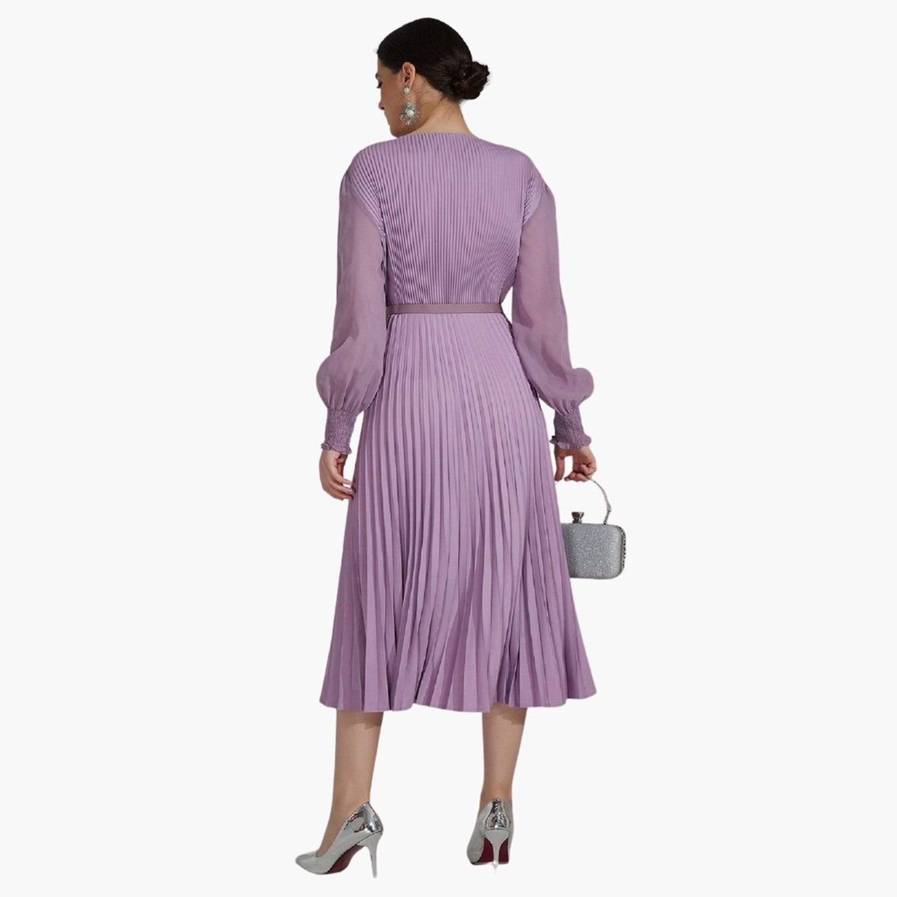 تيك تو - فستان متوسط الطول أرجواني مطوي مع حزام-women-clothing-dresses-image-5