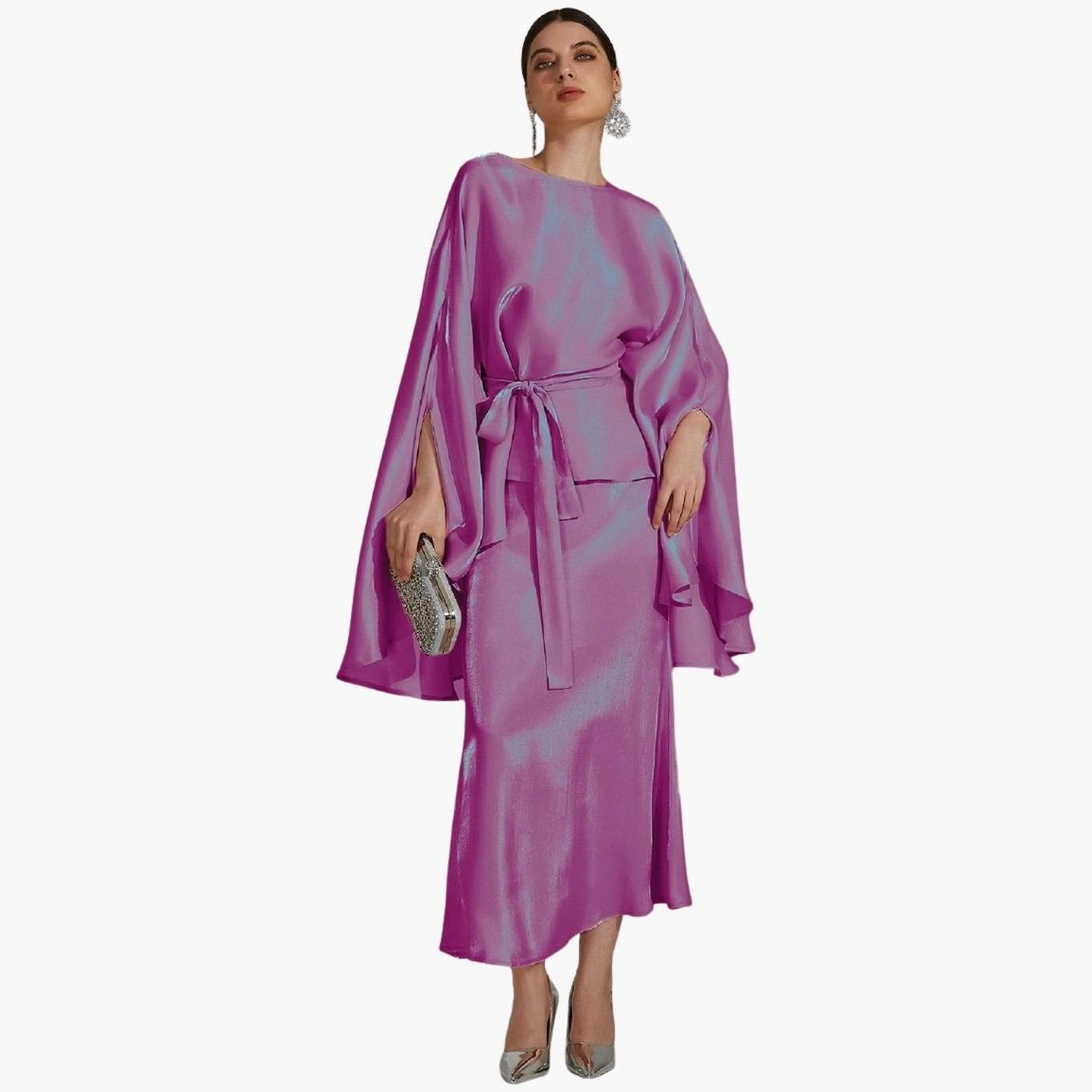 Take Two Women Solid Belted Slit Cut Sleeve Top and Skirt Co-Ords-women-clothing-coordsets-image-1
