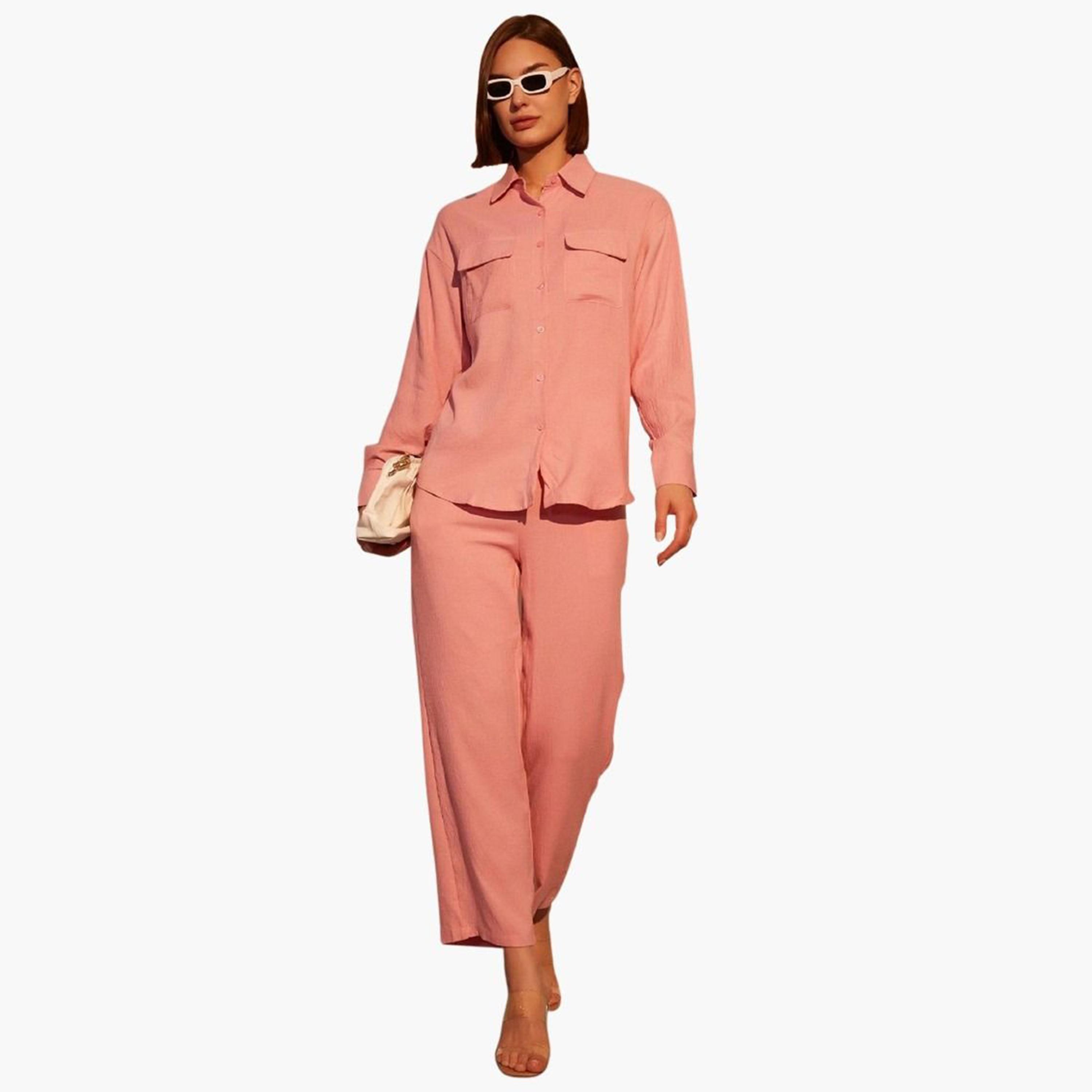 تيك تو - قميص بأكمام طويلة وأزرار أمامية سادة وبنطال منسق-women-clothing-coordsets-image-6