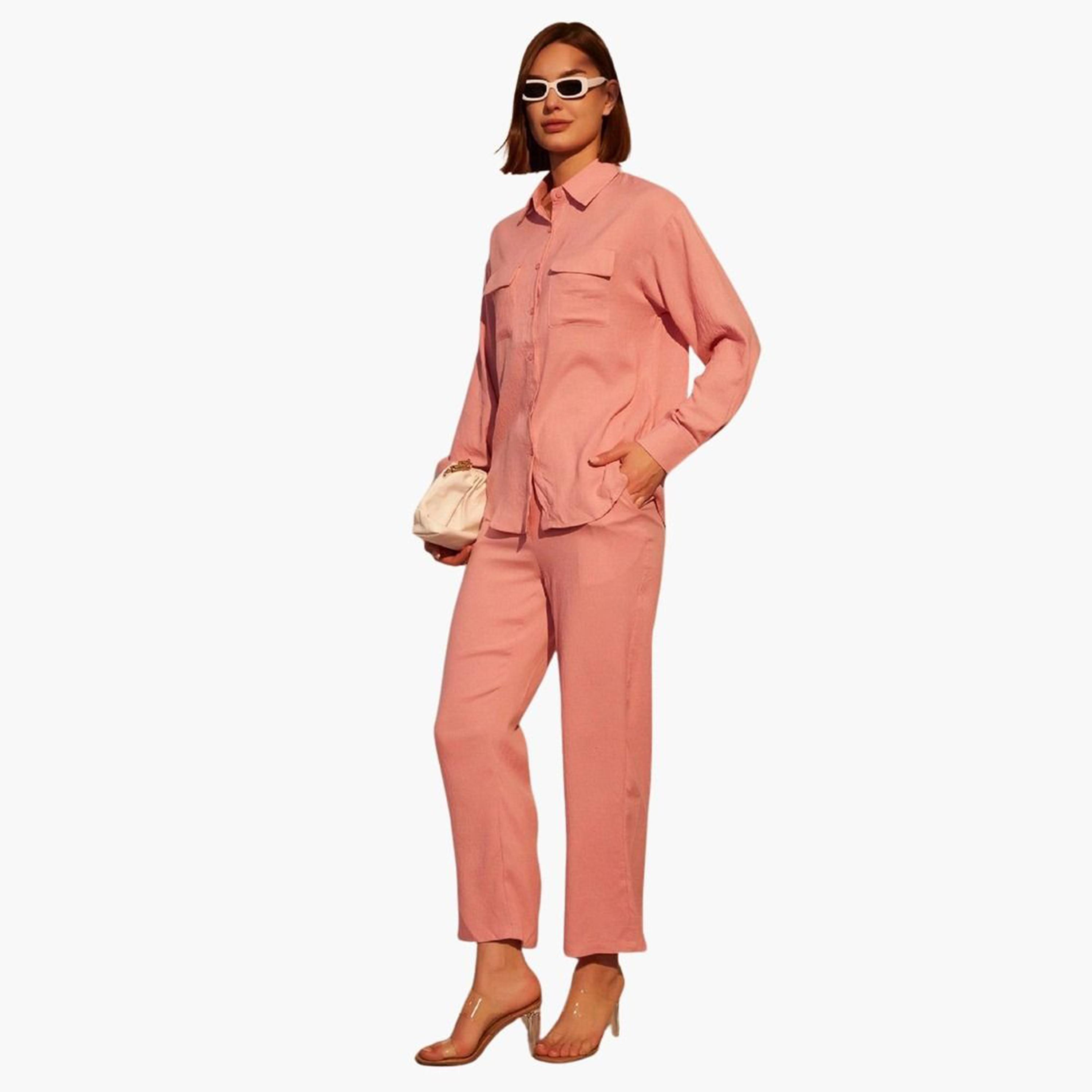 Take Two Solid Button Front Long Sleeve Shirt and Pants Co-Ords-women-clothing-coordsets-image-2