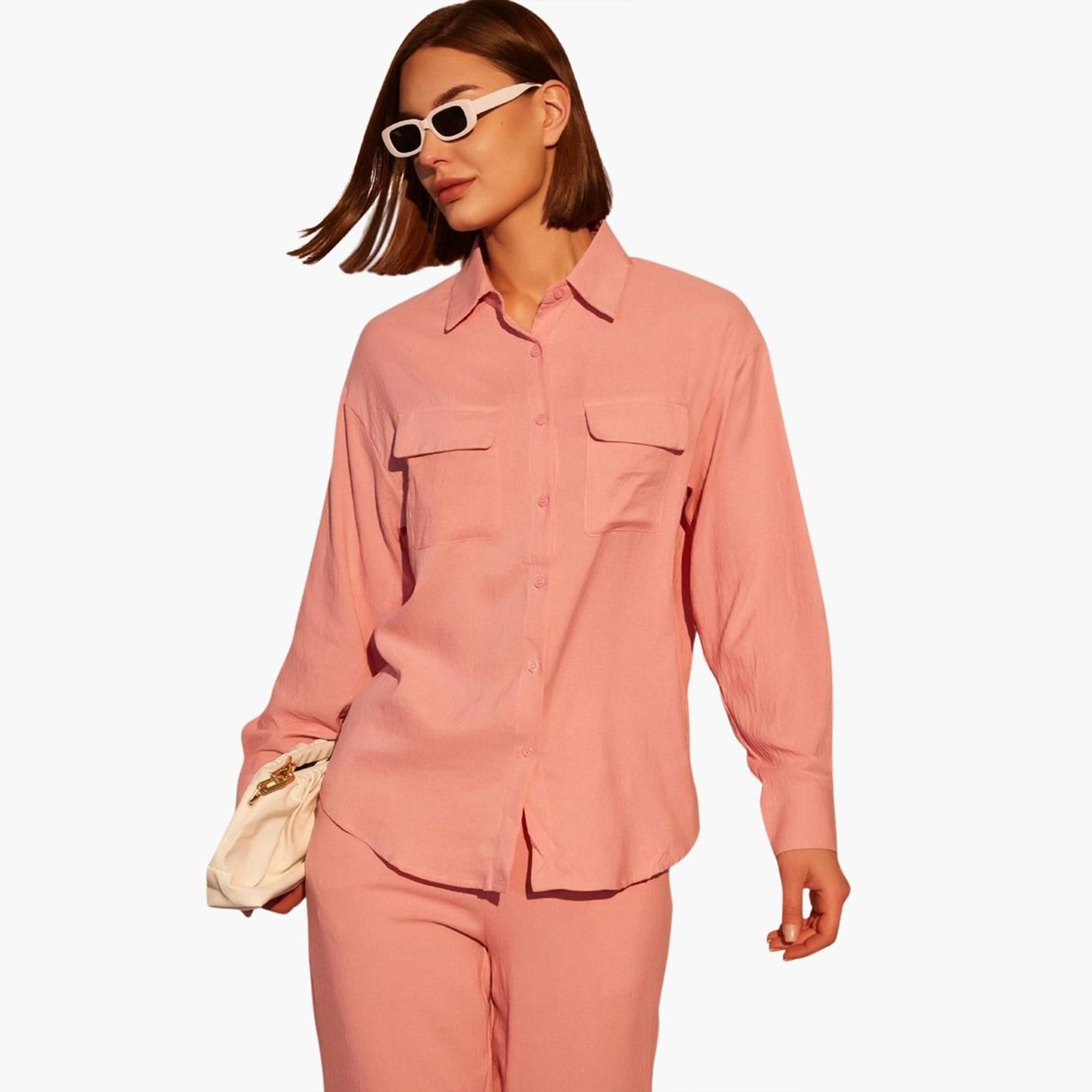 تيك تو - قميص بأكمام طويلة وأزرار أمامية سادة وبنطال منسق-women-clothing-coordsets-image-3