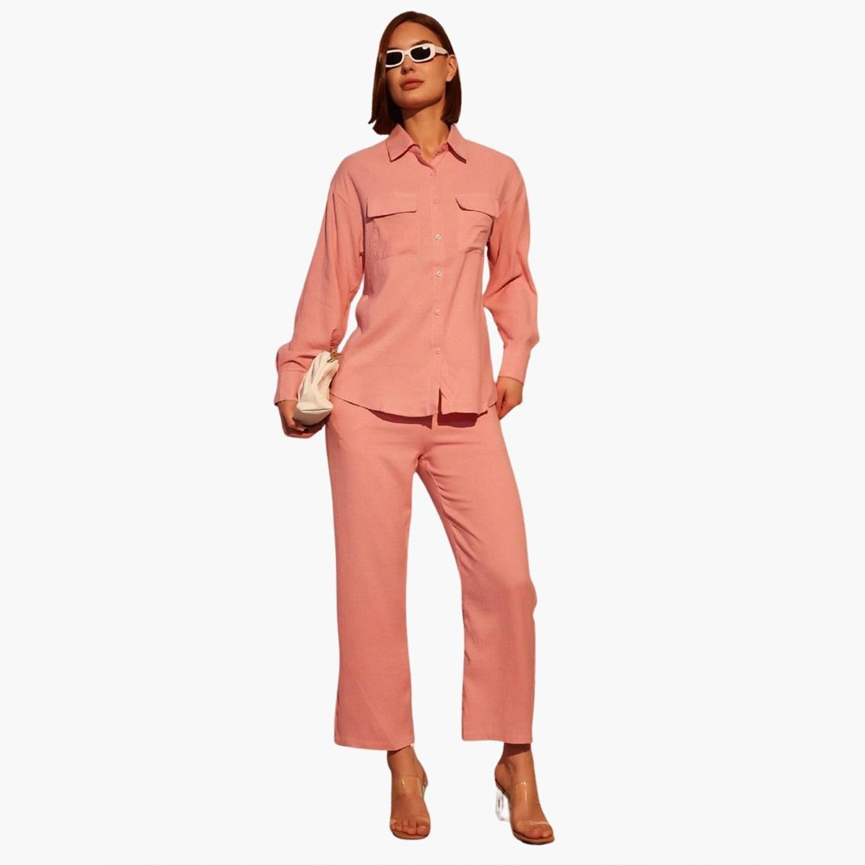 Take Two Solid Button Front Long Sleeve Shirt and Pants Co-Ords-women-clothing-coordsets-image-5