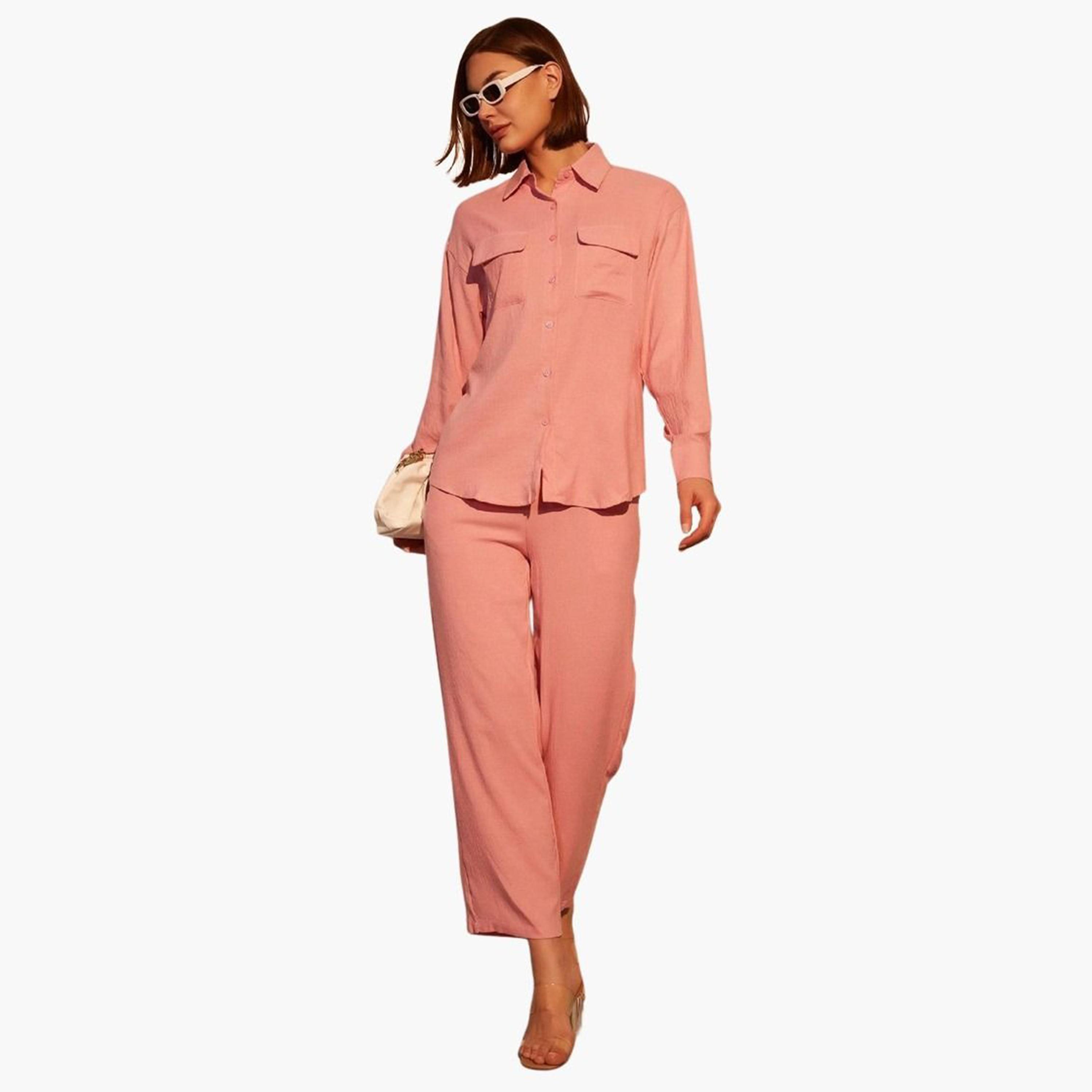 Take Two Solid Button Front Long Sleeve Shirt and Pants Co-Ords-women-clothing-coordsets-image-6