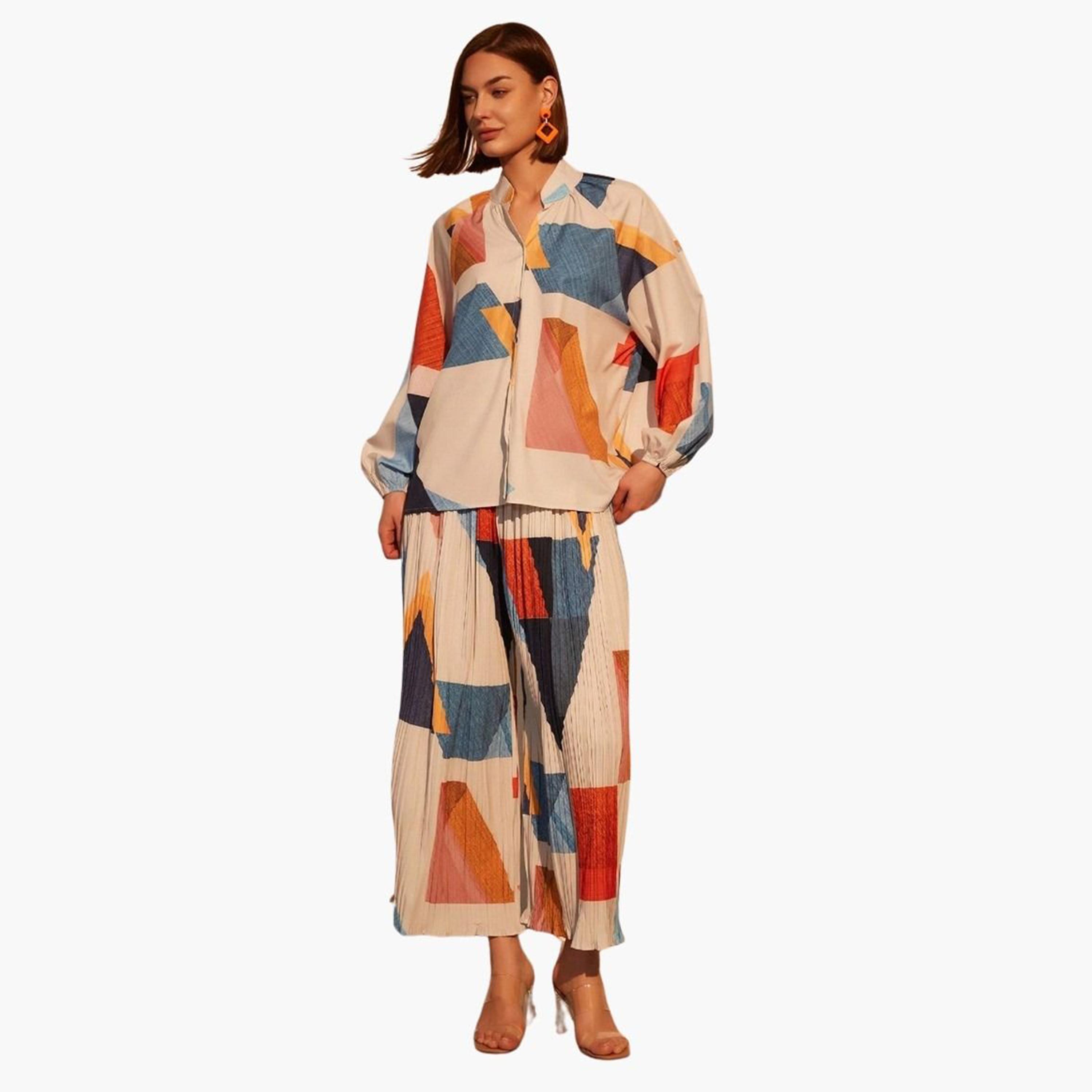 Take Two Geometric Print Shirt and Pleated Pants Co-ords-women-clothing-coordsets-image-1