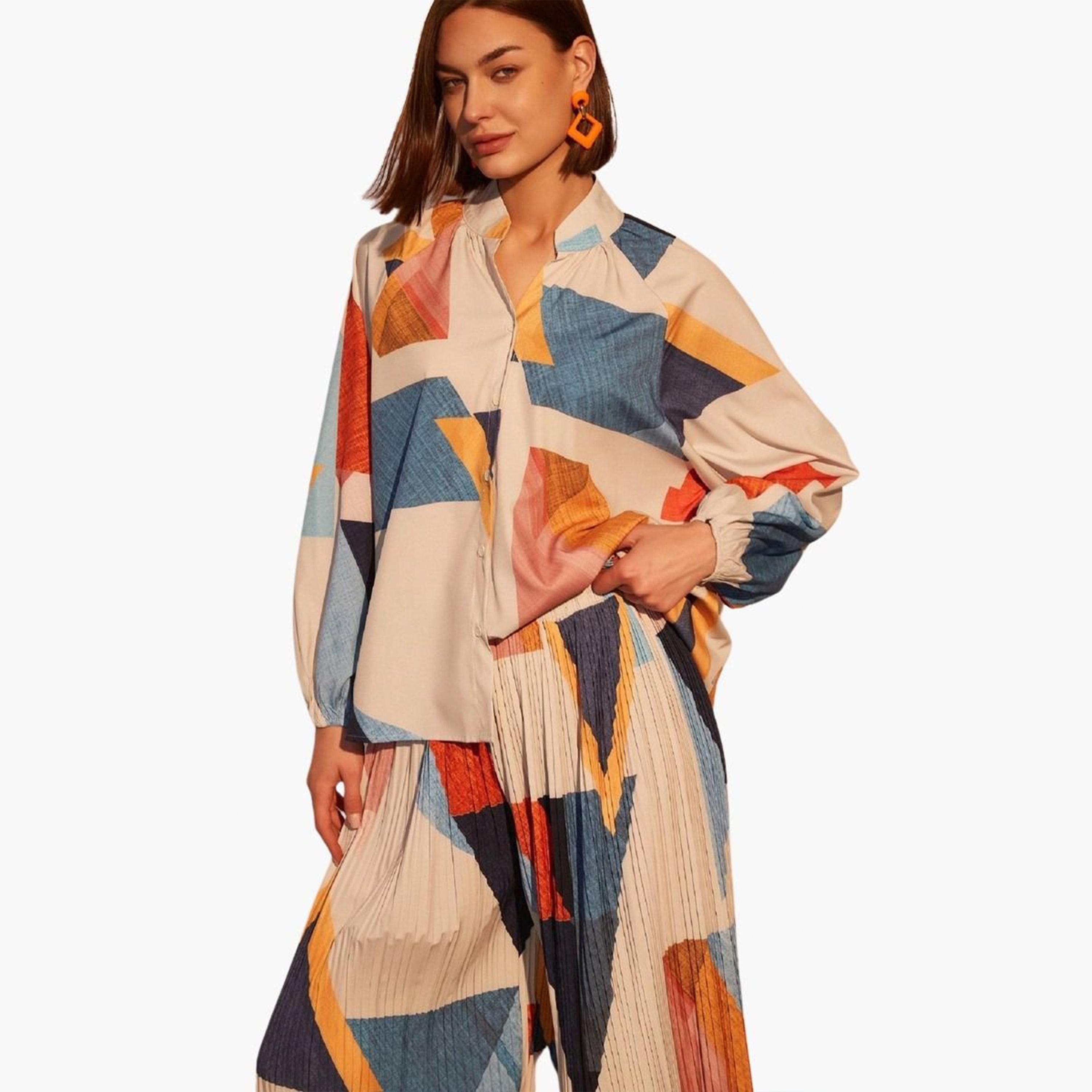 Take Two Geometric Print Shirt and Pleated Pants Co-ords-women-clothing-coordsets-image-4