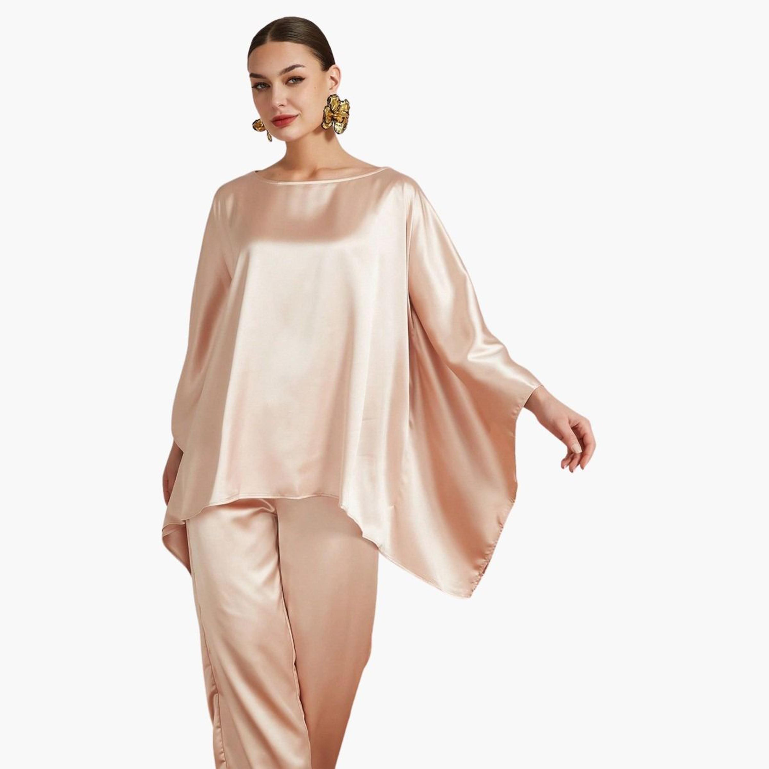 تيك تو - طقم بلوزة وبنطال من الساتان الوردي بتصميم غير متماثل-women-clothing-coordsets-image-6