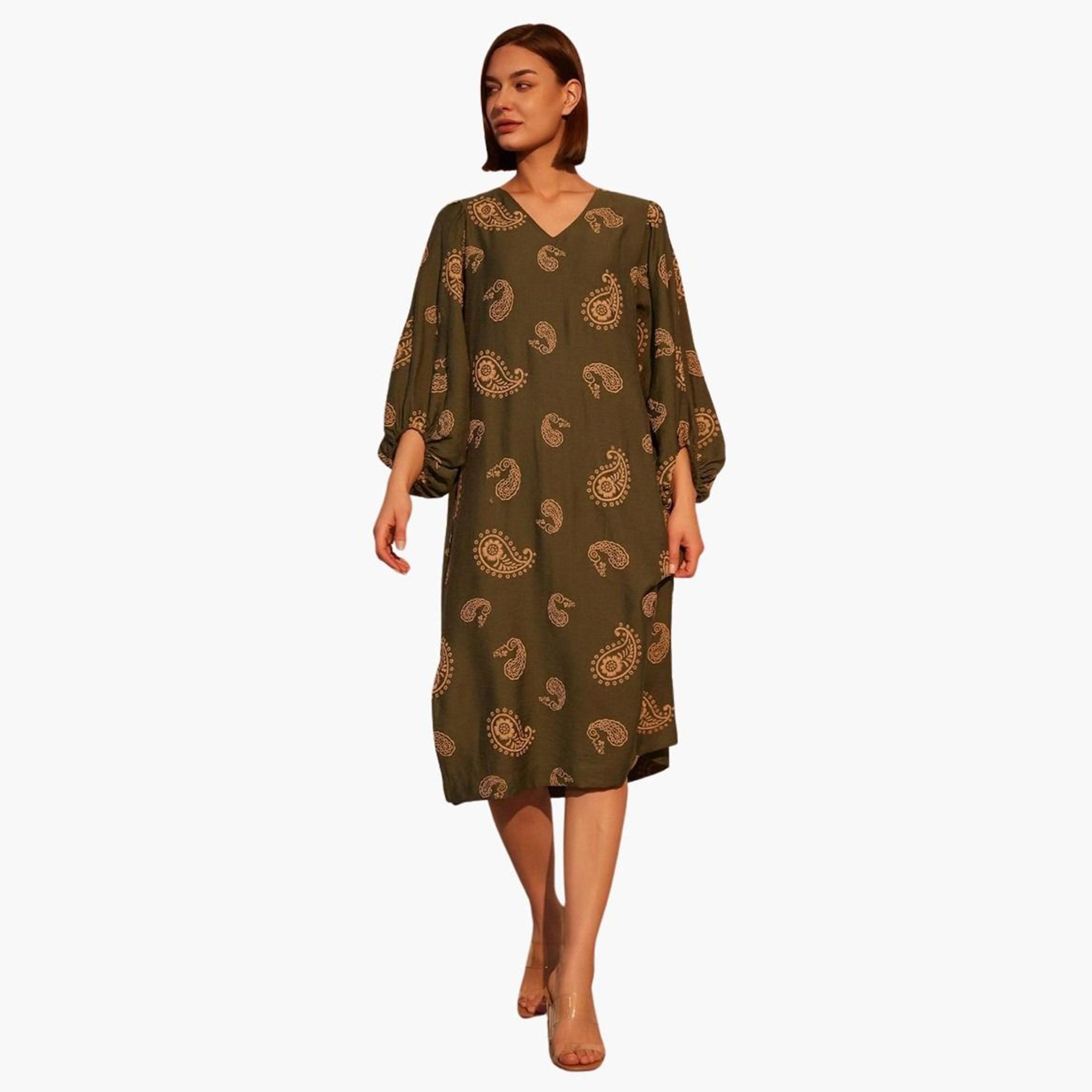 Take Two Paisley Print Midi Dress with Volume Sleeves-women-clothing-dresses-image-1
