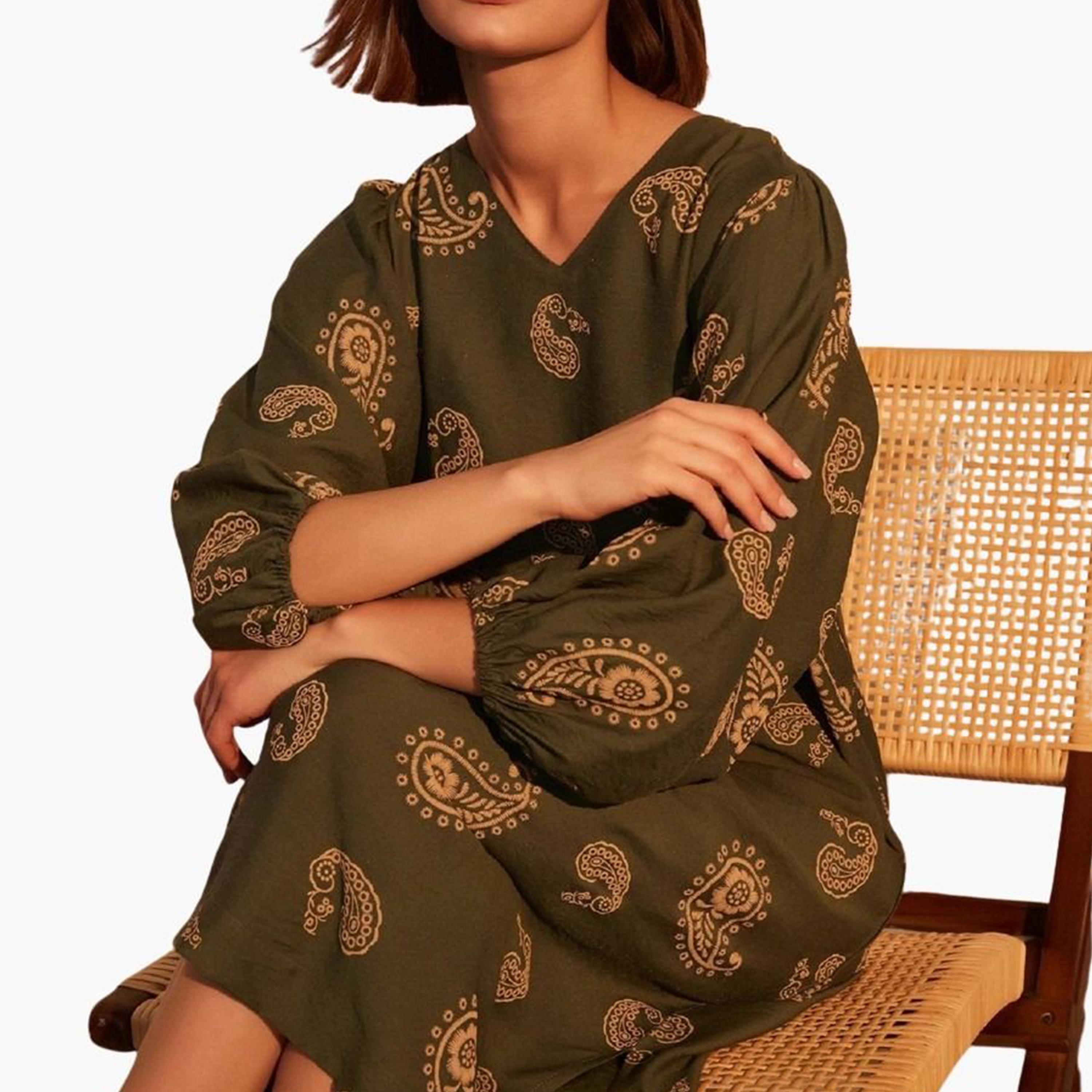 تيك تو - فستان متوسط الطول بطبعة بيزلي وأكمام واسعة-women-clothing-dresses-image-6