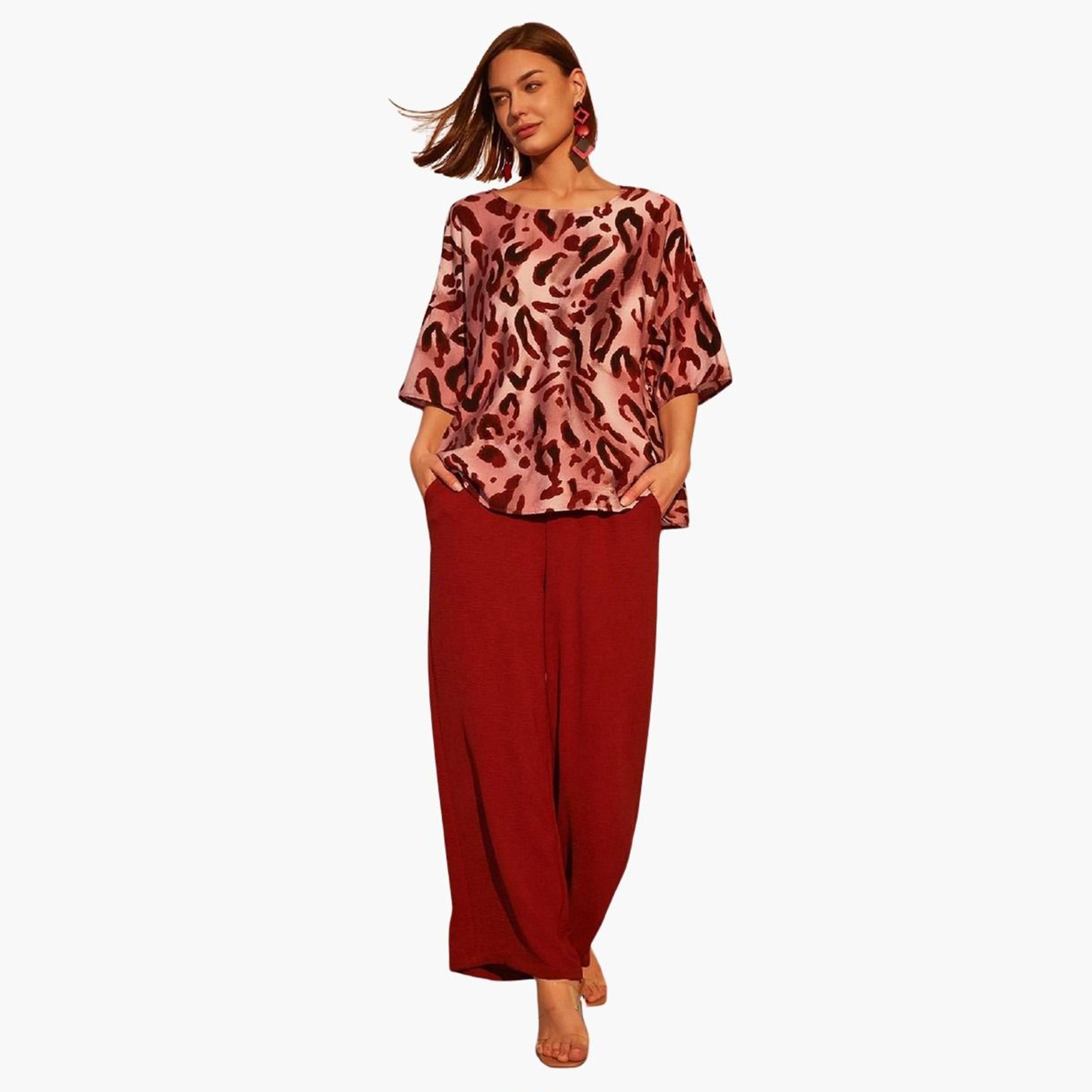 Take Two Burgundy Leopard Print Top and Trousers Co-Ords-women-clothing-coordsets-image-1