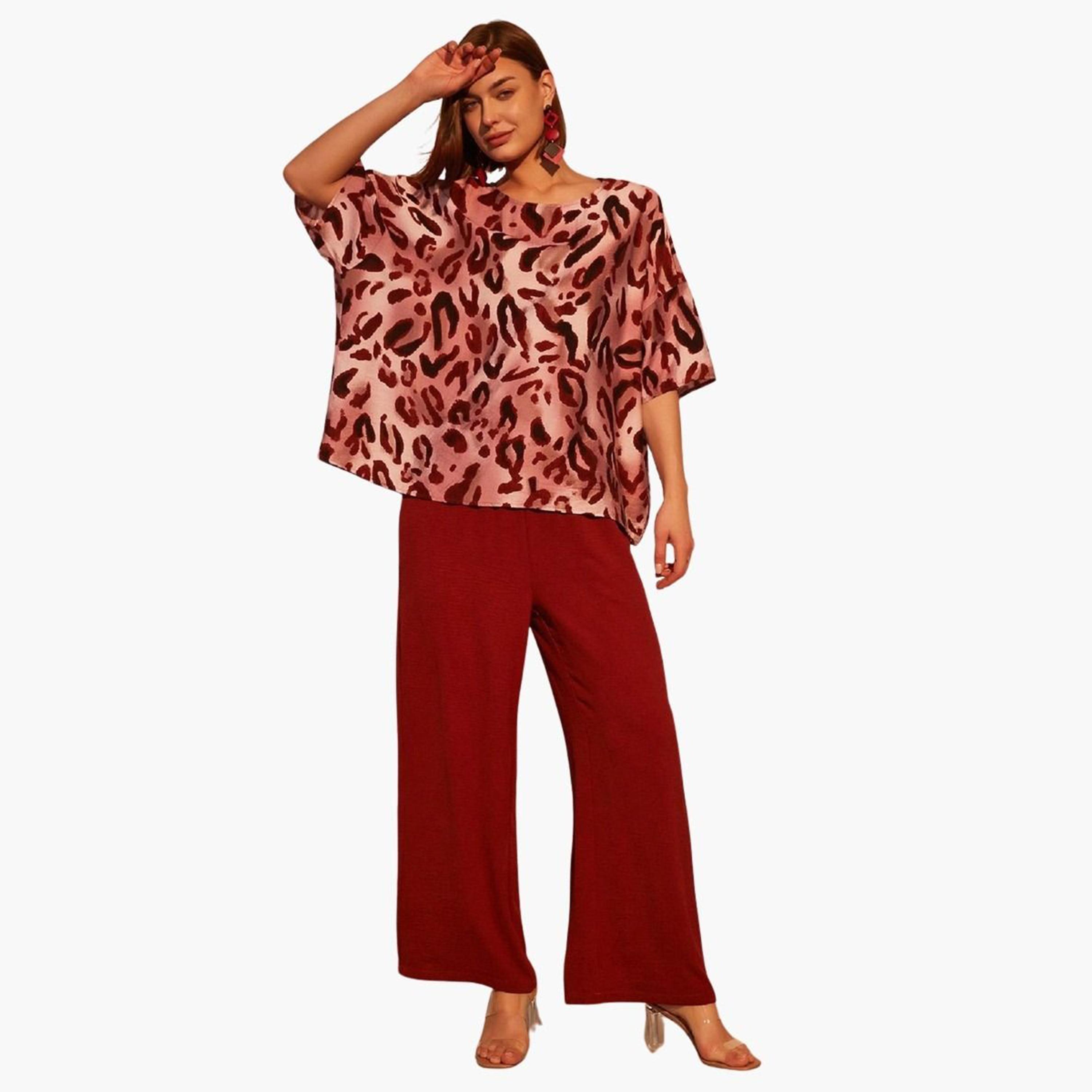 Take Two Burgundy Leopard Print Top and Trousers Co-Ords-women-clothing-coordsets-image-2