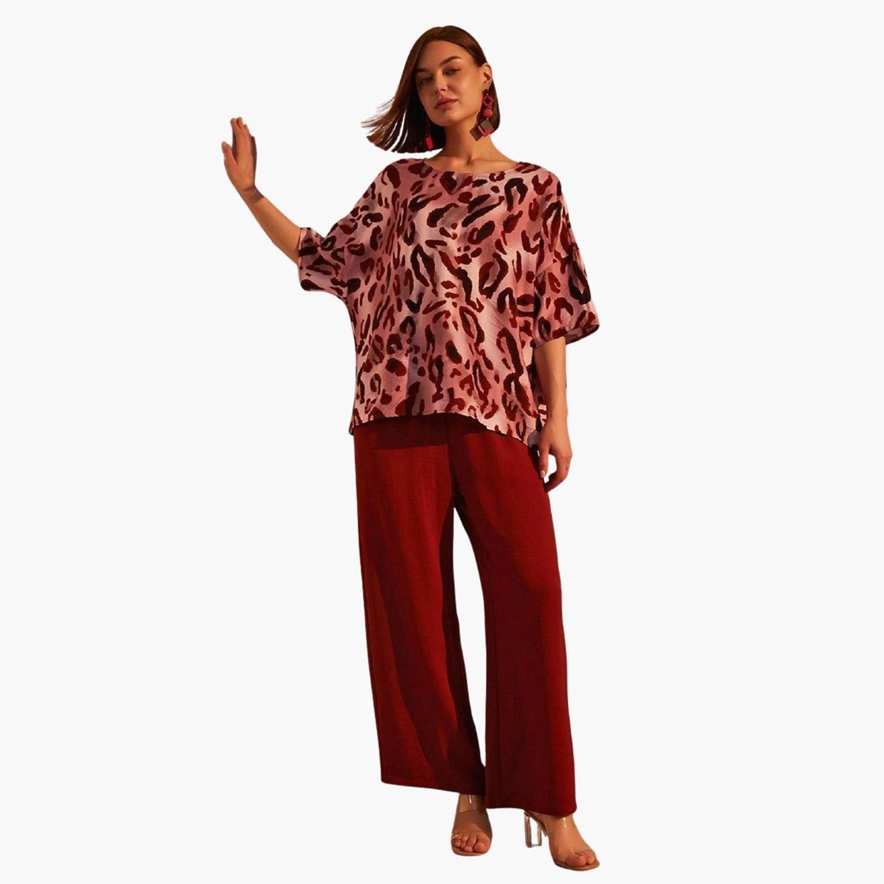 Take Two Burgundy Leopard Print Top and Trousers Co-Ords-women-clothing-coordsets-image-5