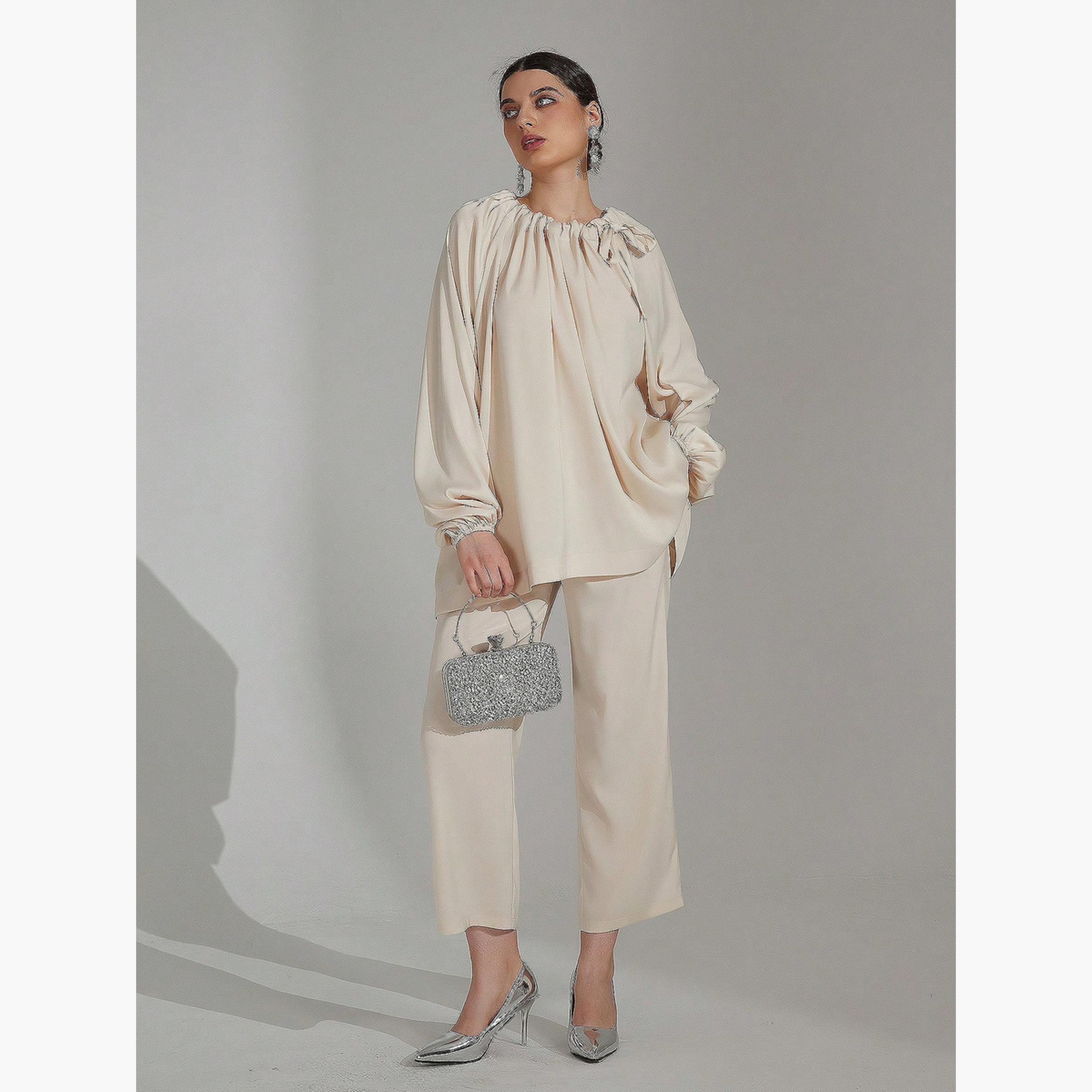 تيك تو - طقم بلوزة وبنطال برباط رقبة كبير الحجم-women-clothing-coordsets-image-2