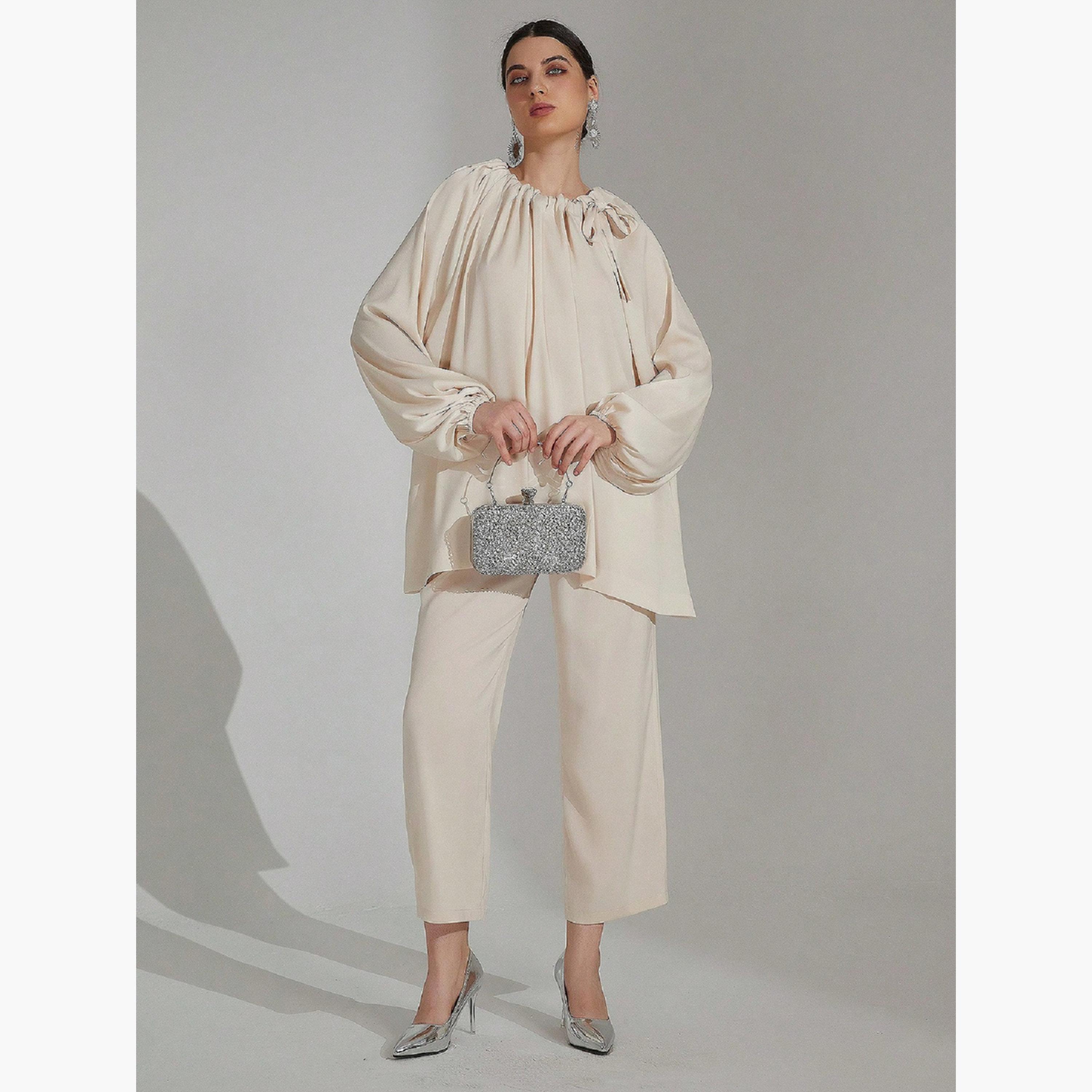تيك تو - طقم بلوزة وبنطال برباط رقبة كبير الحجم-women-clothing-coordsets-image-3