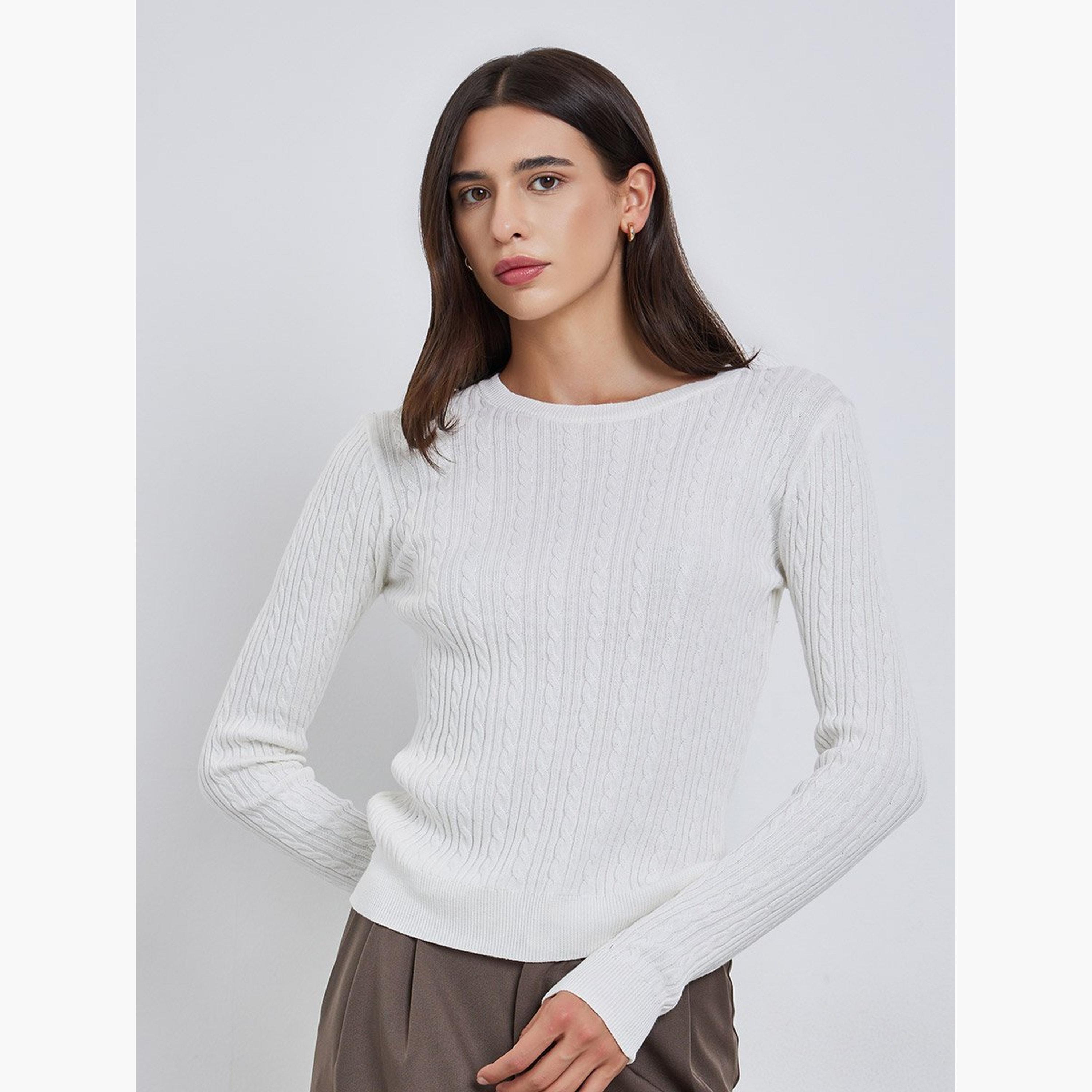 Take Two Solid Cable Knit Crew Neck Sweaters-women-winterwear-cardigansandjumpers-jumpers-image-1