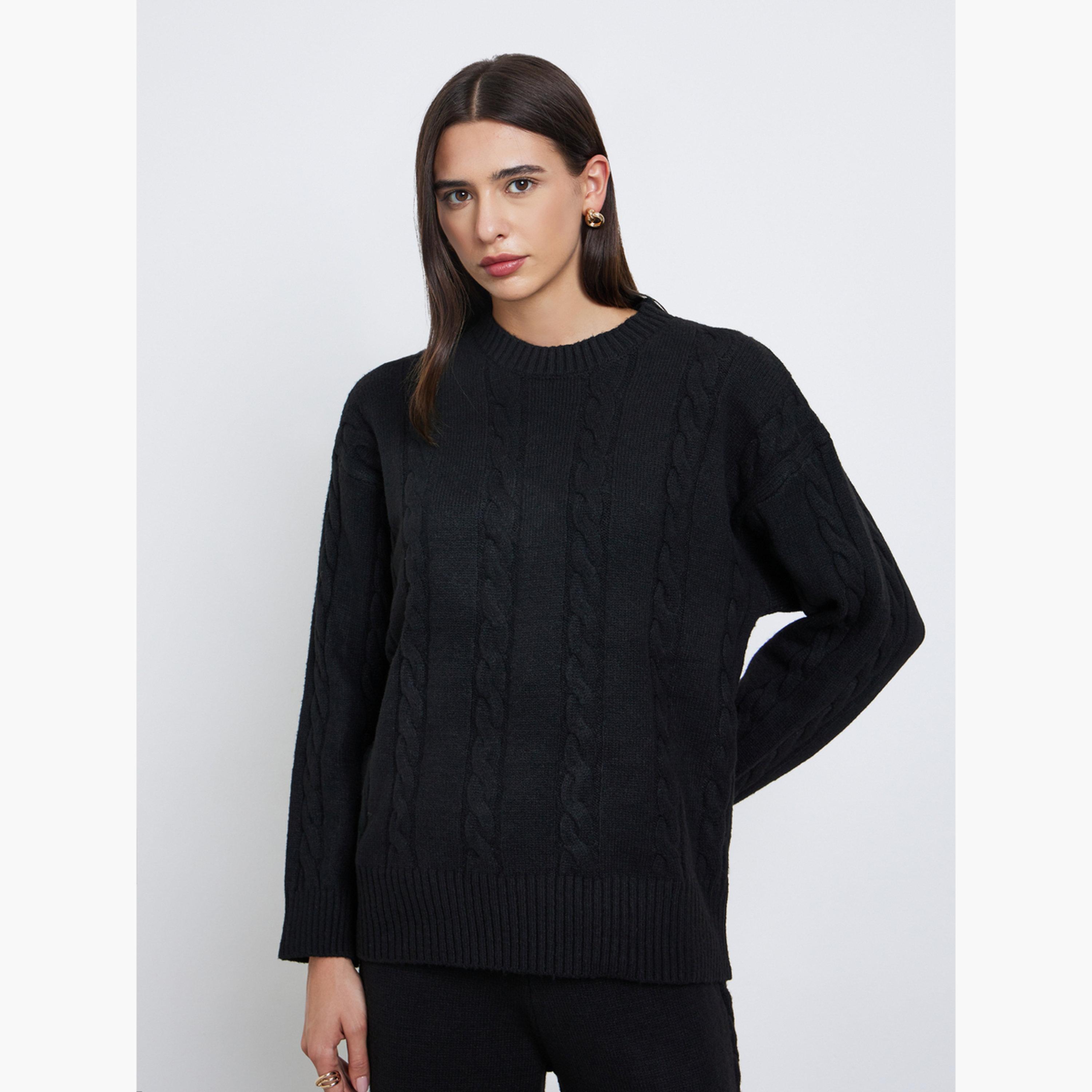 ستايلي - سترة وبنطال من نسيج كابلي أسود منسق-women-clothing-coordsets-image-3