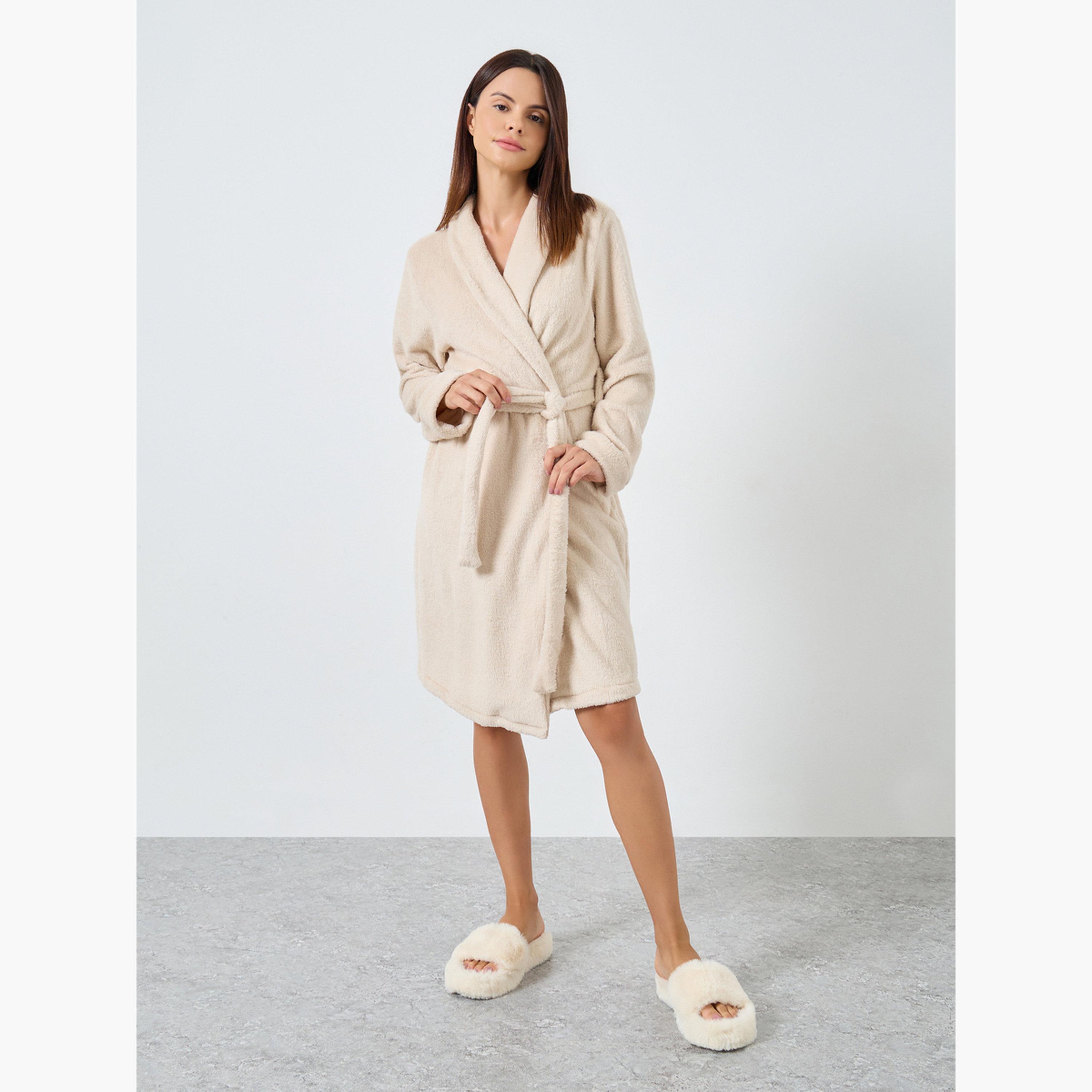 Styli Women Beige Shawl Collar Fleece Robe-women-clothing-nightwear-robes-image-2