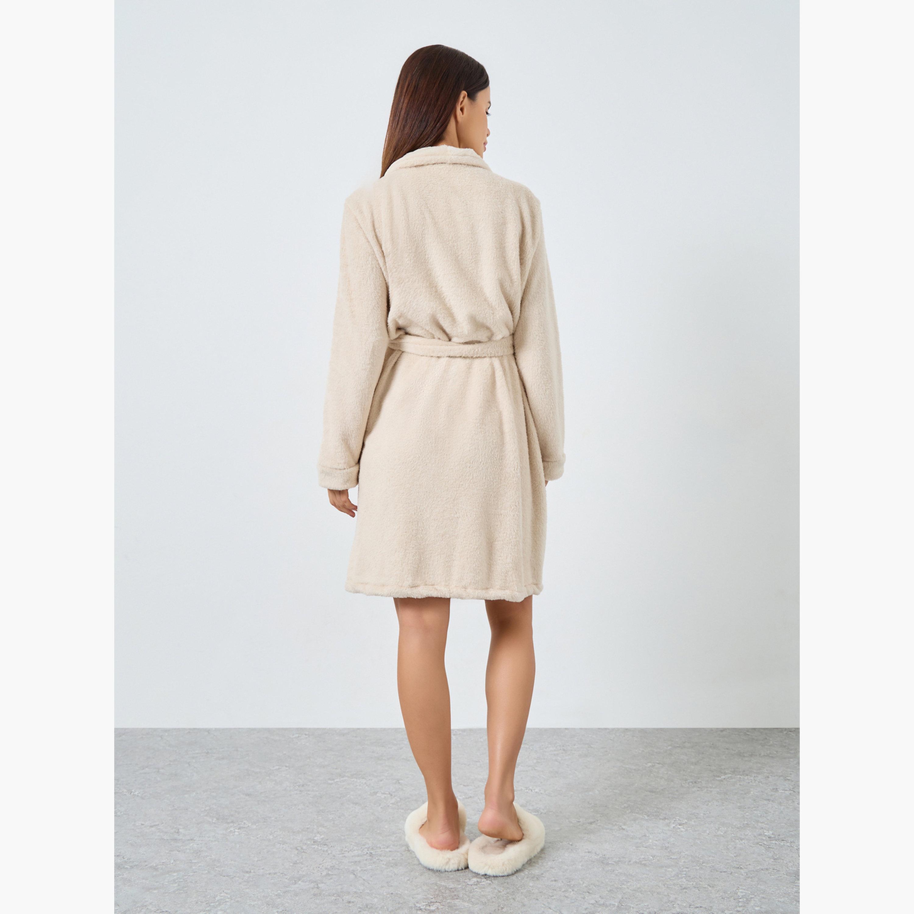 Styli Women Beige Shawl Collar Fleece Robe-women-clothing-nightwear-robes-image-4