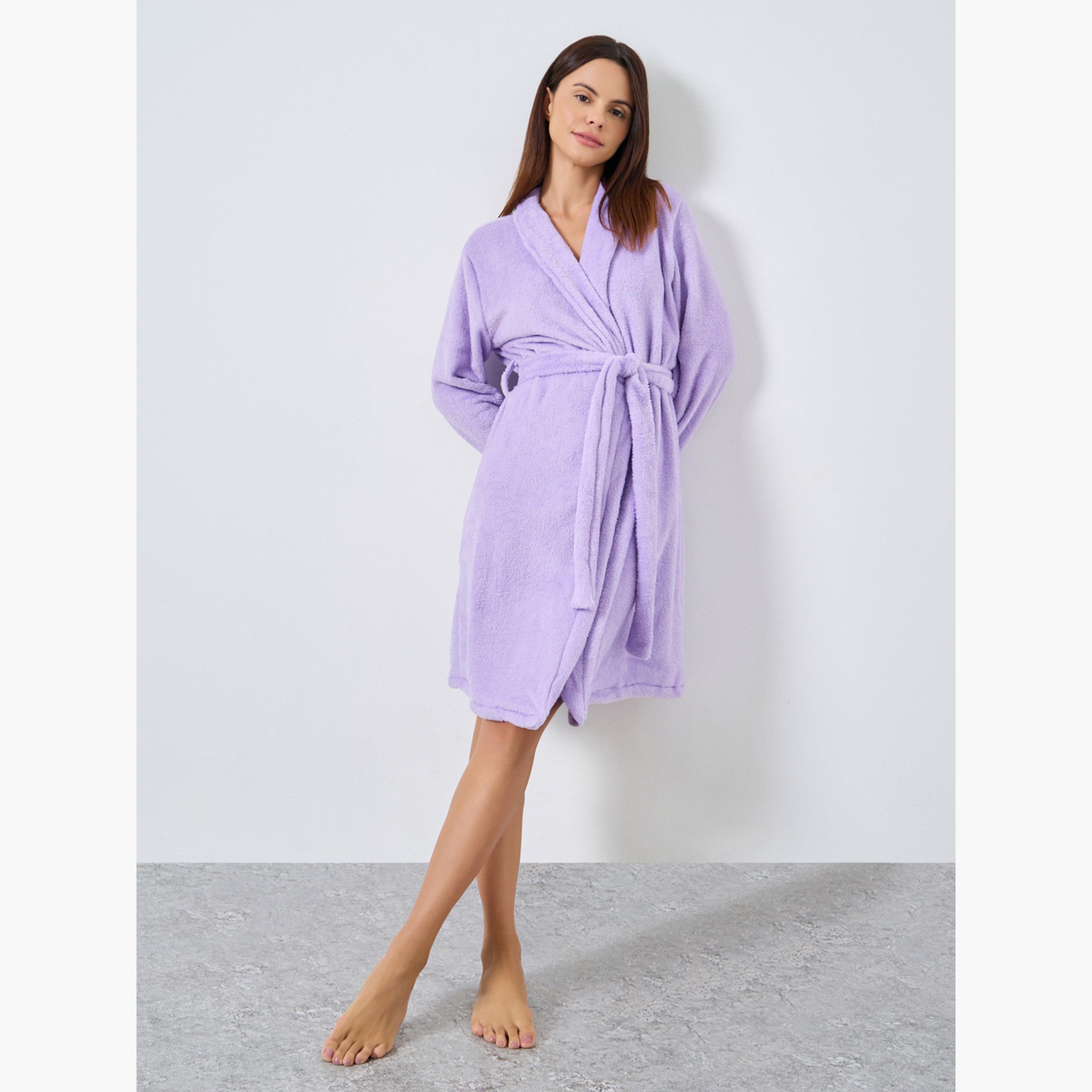 Styli Women Purple Shawl Collar Fleece Robe-women-clothing-nightwear-robes-image-2