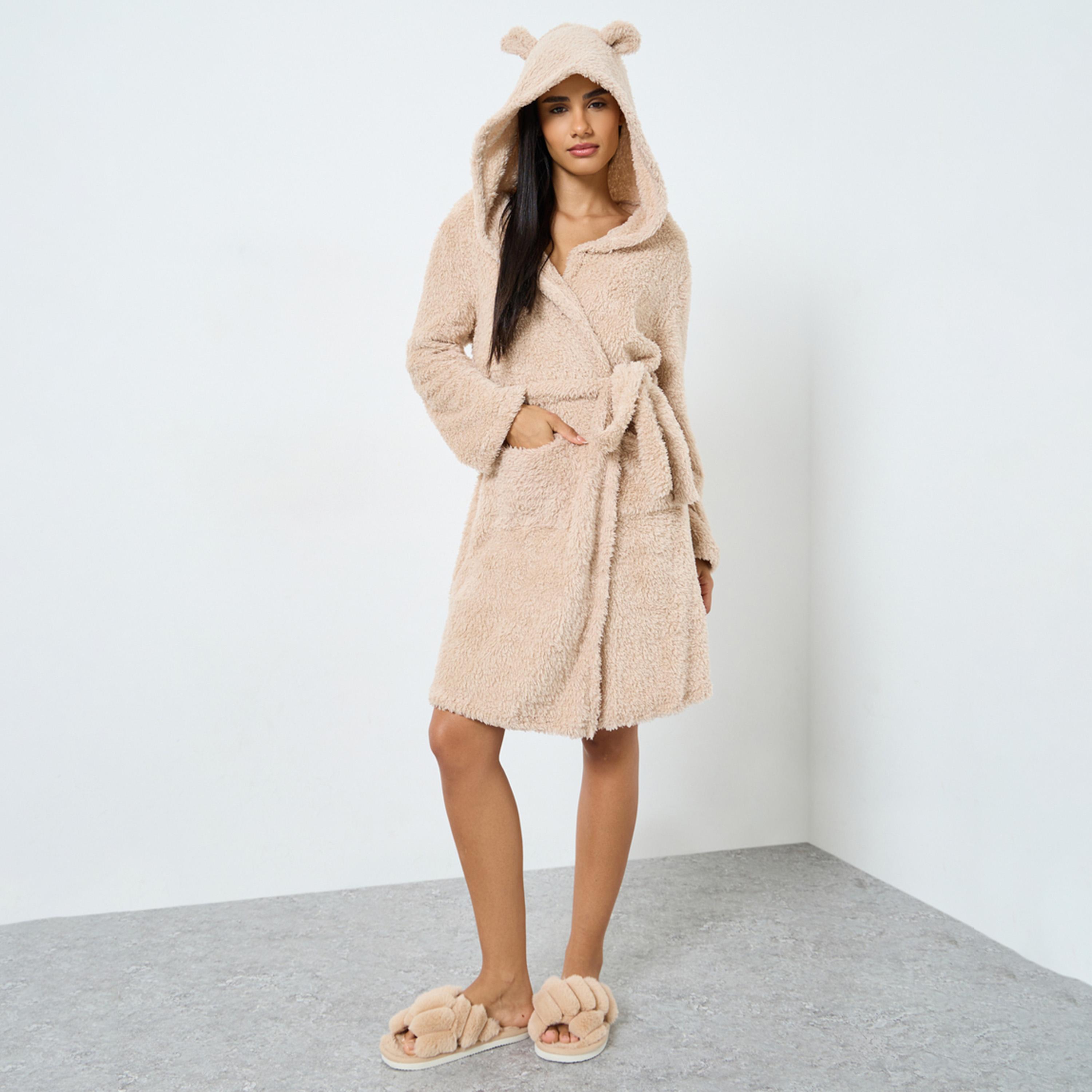 Styli Bear Ears Hooded Fleece Pocket Robe-women-clothing-nightwear-robes-image-1