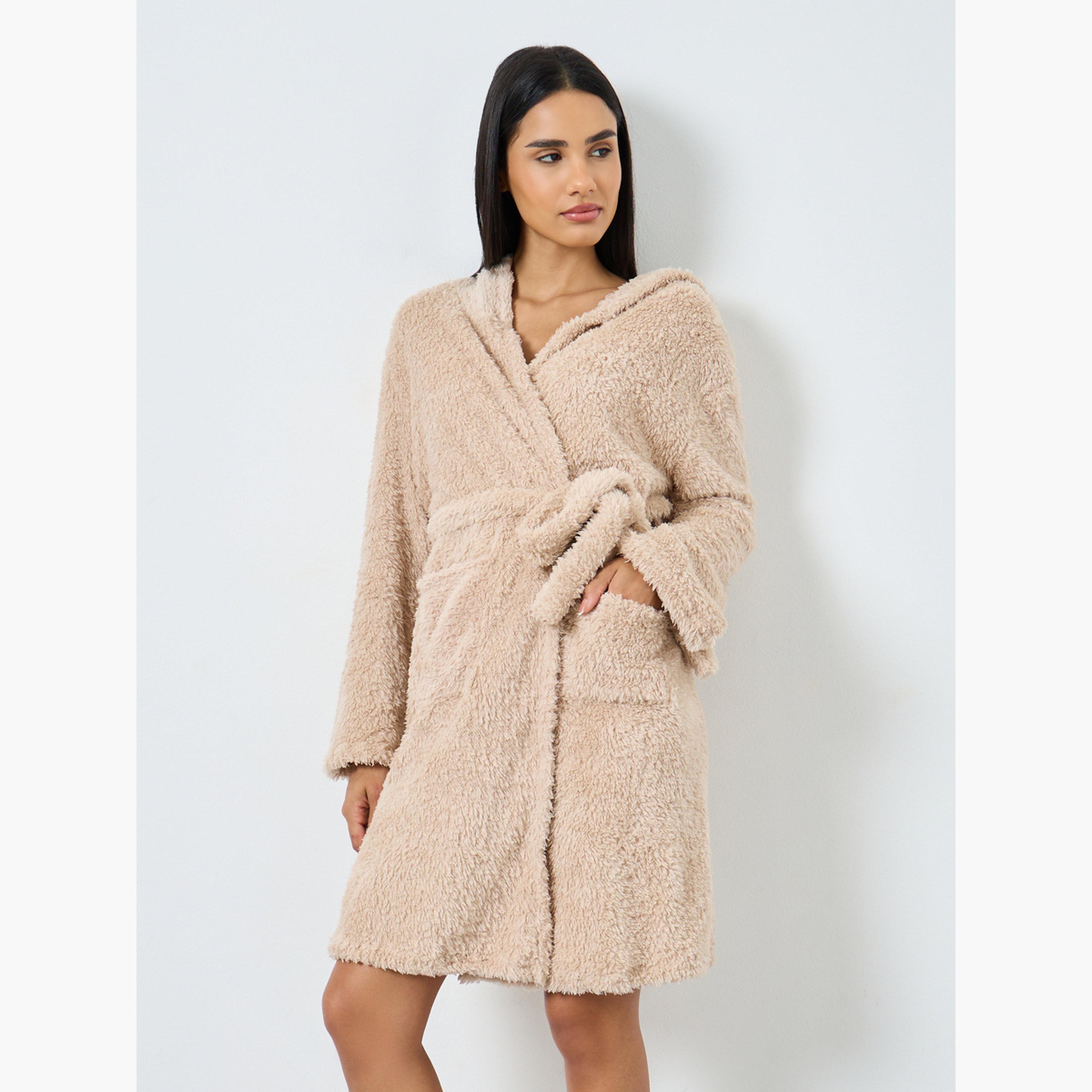 Styli Bear Ears Hooded Fleece Pocket Robe-women-clothing-nightwear-robes-image-2