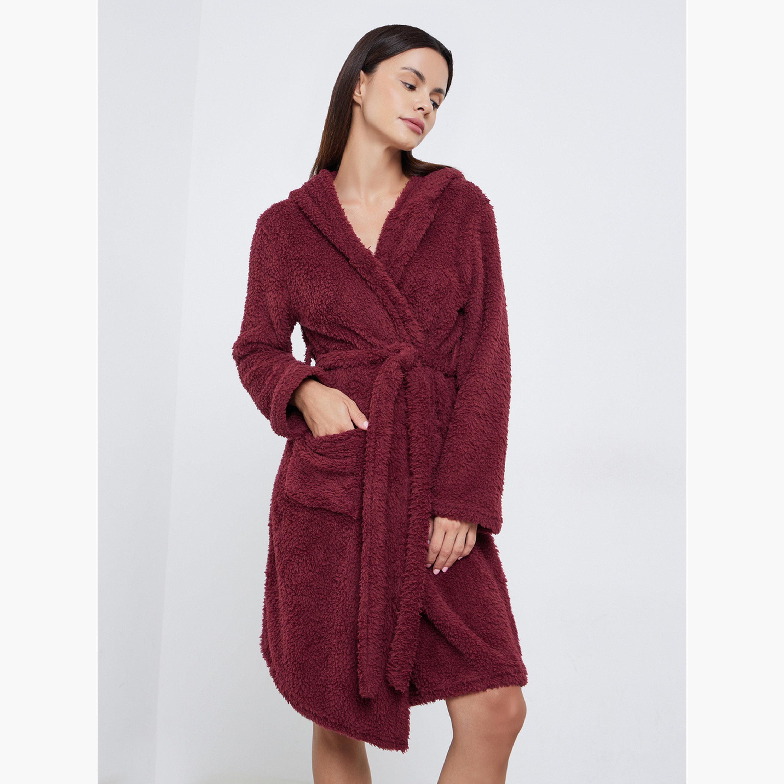 ستايلي - روب صوف فليس بجيب وغطاء رأس على شكل آذان الدب-women-clothing-nightwear-robes-image-2