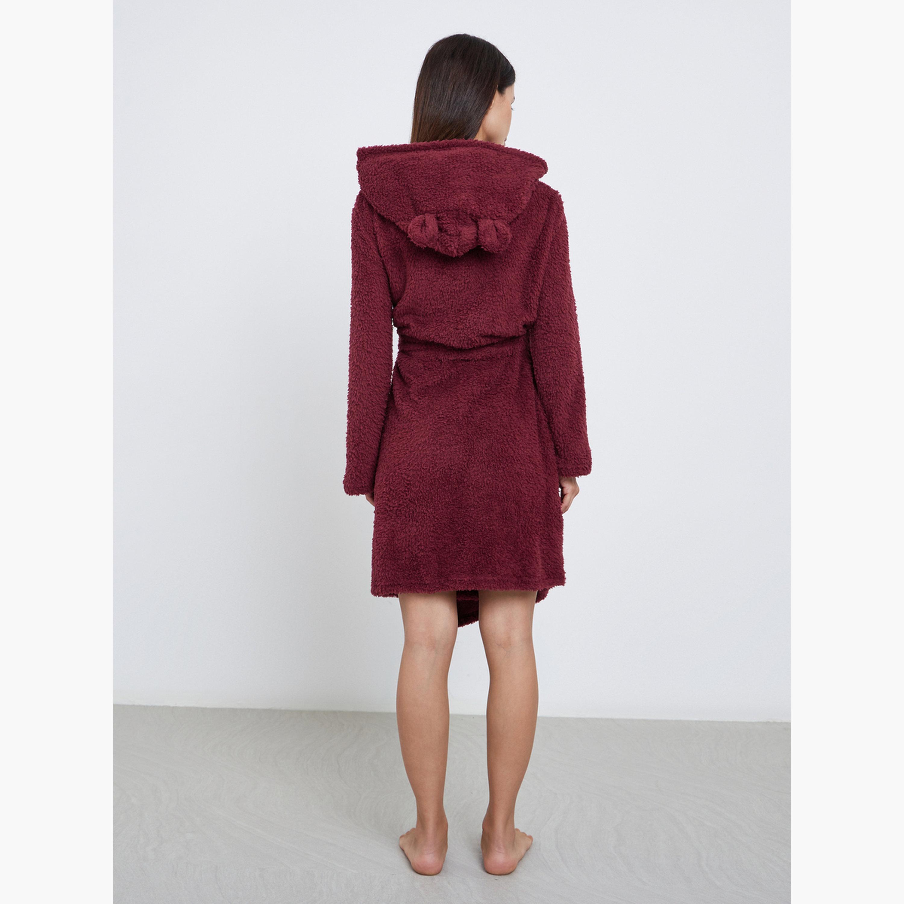 ستايلي - روب صوف فليس بجيب وغطاء رأس على شكل آذان الدب-women-clothing-nightwear-robes-image-3