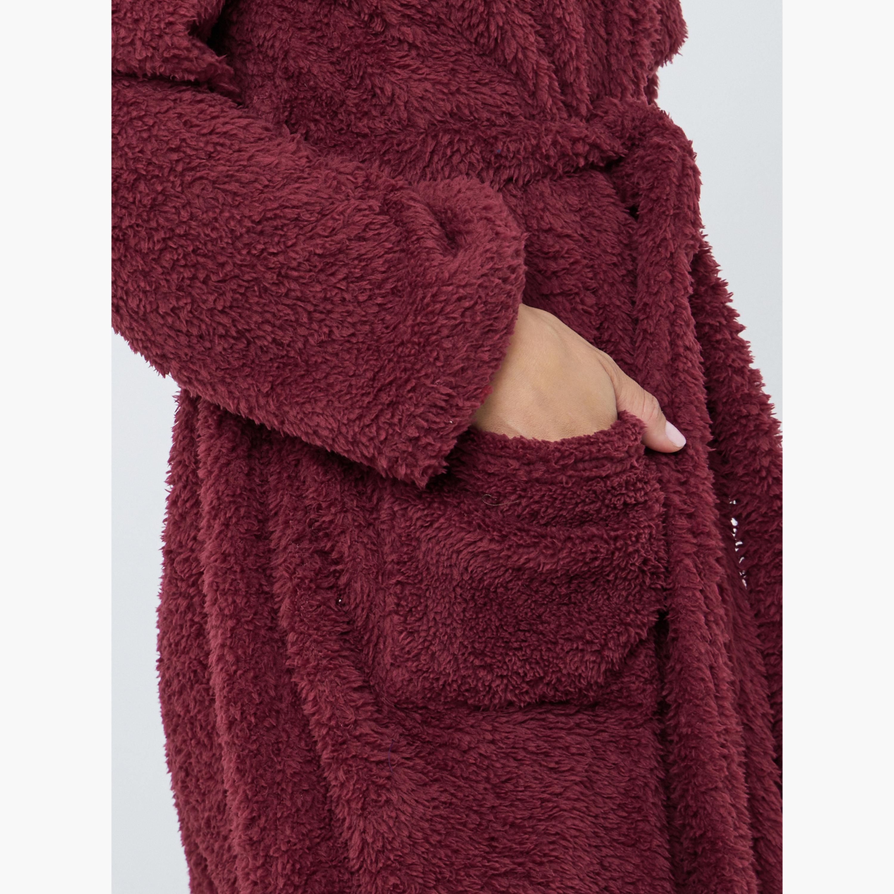 ستايلي - روب صوف فليس بجيب وغطاء رأس على شكل آذان الدب-women-clothing-nightwear-robes-image-4