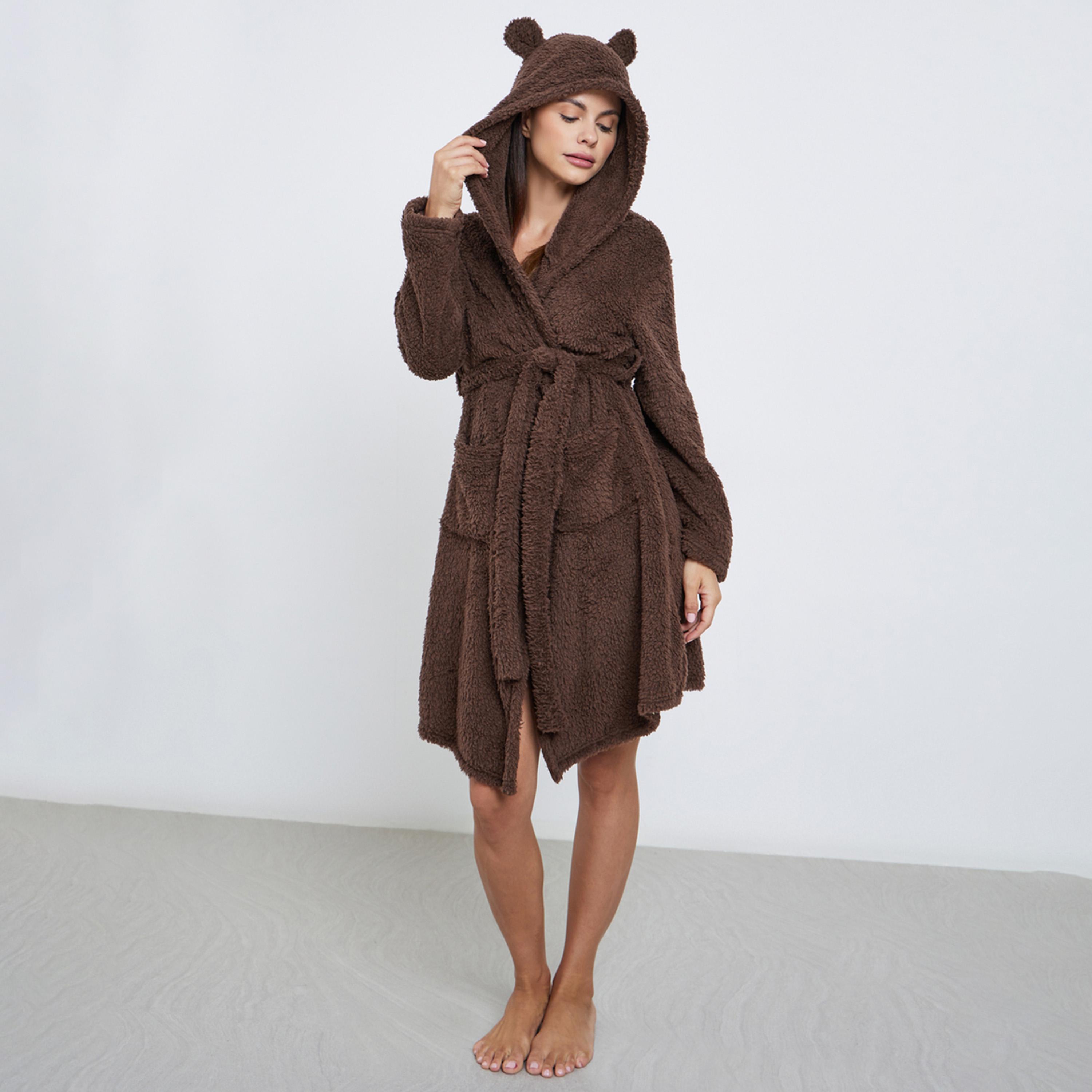 Styli Bear Ears Hooded Fleece Pocket Robe-women-clothing-nightwear-robes-image-1