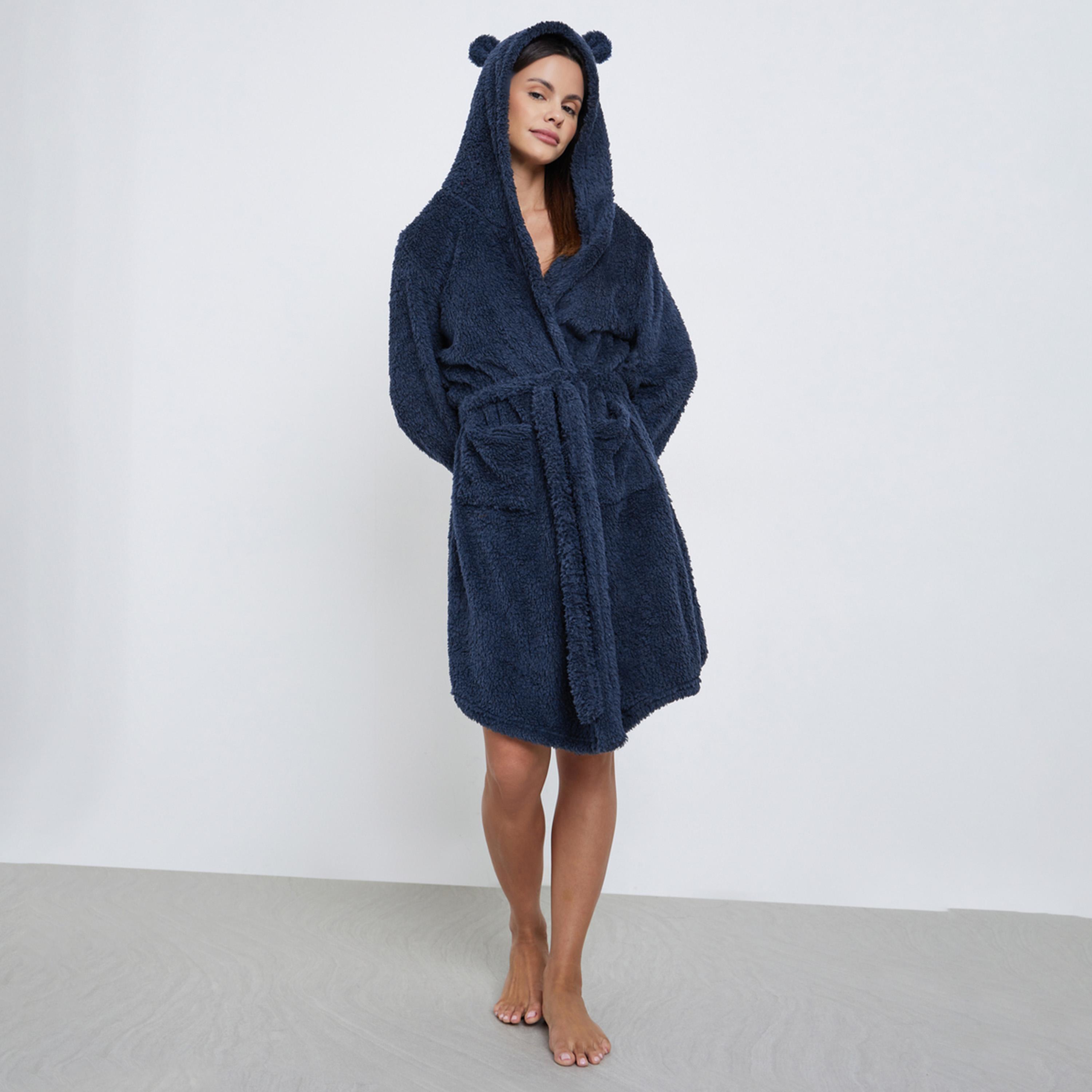 Styli Bear Ears Hooded Fleece Pocket Robe-women-clothing-nightwear-robes-image-1