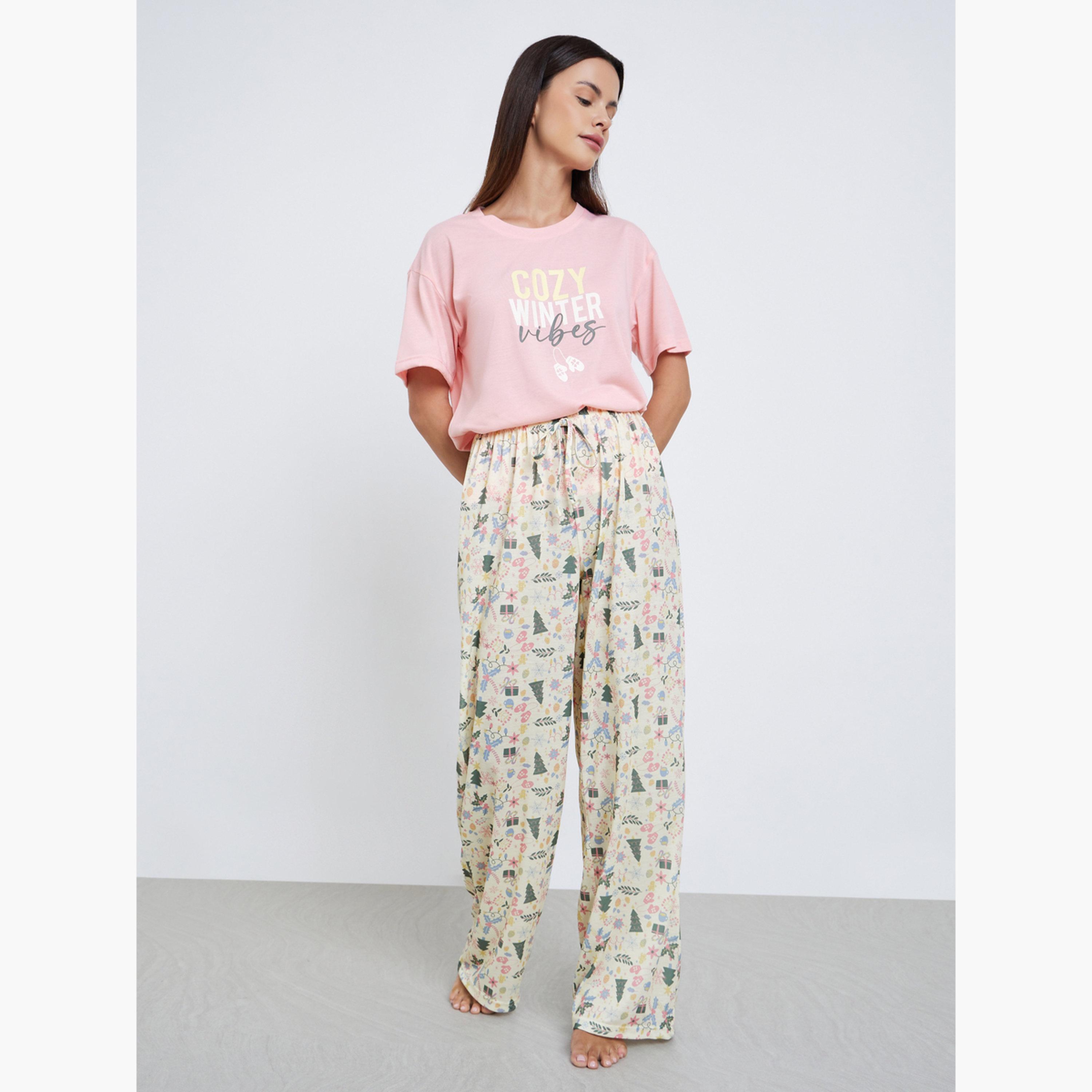 Styli Winter Vibes Graphic Drop Shoulder T-Shirt and Pyjama Set-women-clothing-nightwear-pyjamas-longsets-image-2
