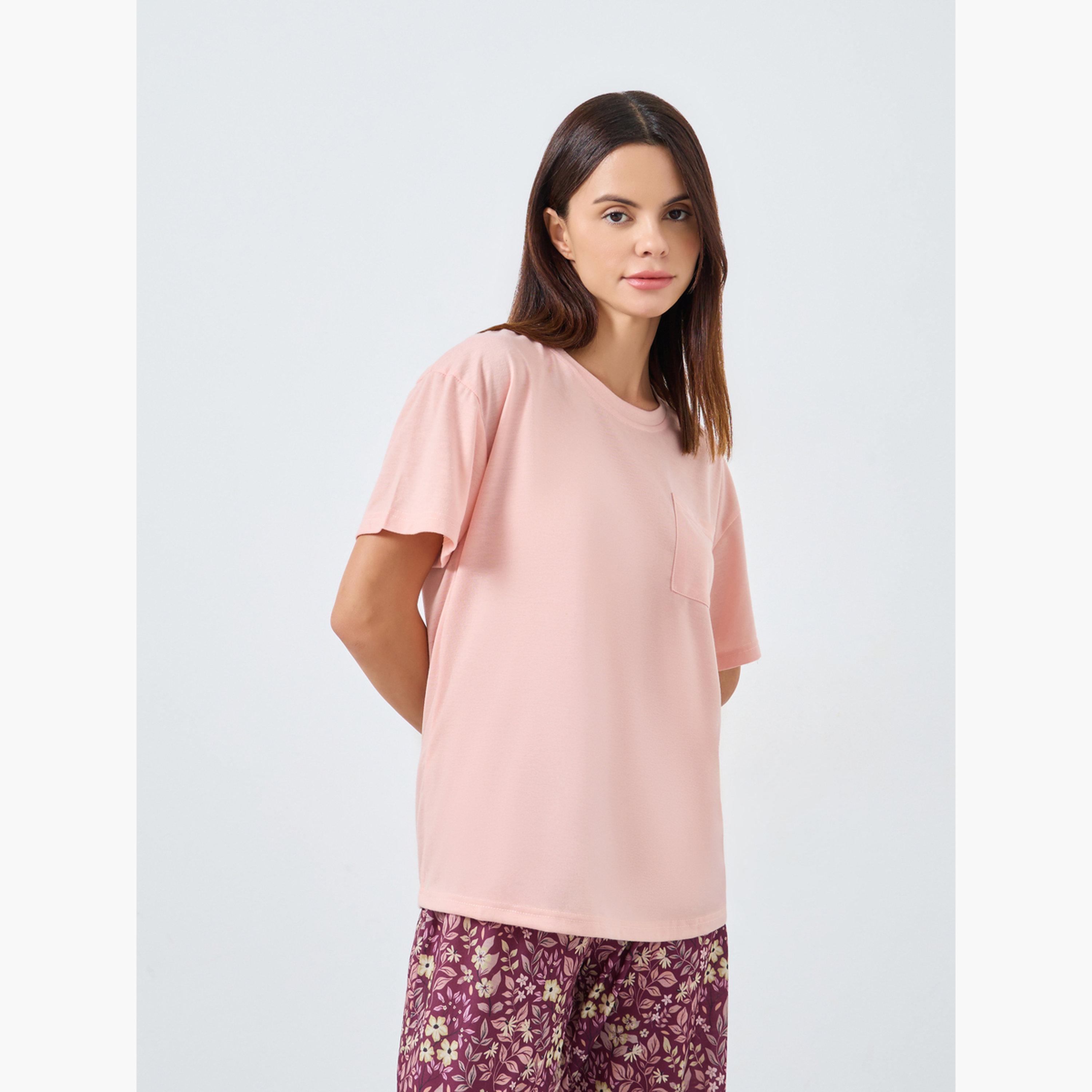 ستايلي - طقم تي شيرت بجيوب متماسكة وبيجاما مزينة بالزهور-women-clothing-nightwear-pyjamas-longsets-image-3