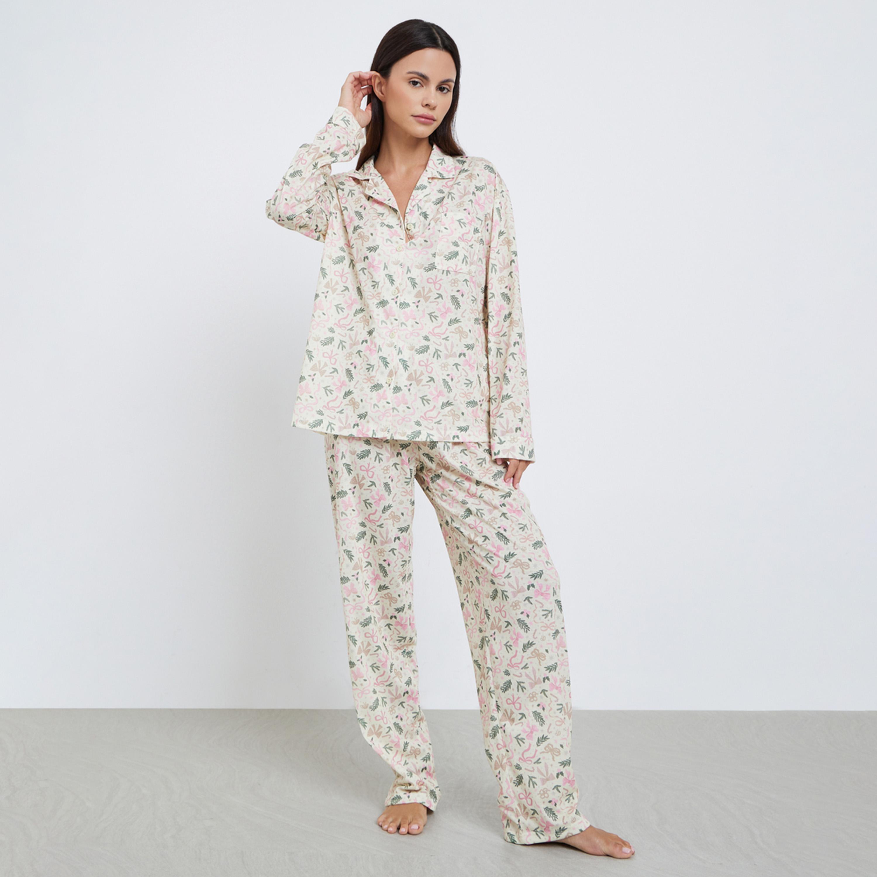 ستايلي - بيجاما قميص بأكمام طويلة بطبعة فيونكة شتوية-women-clothing-nightwear-pyjamas-longsets-image-1