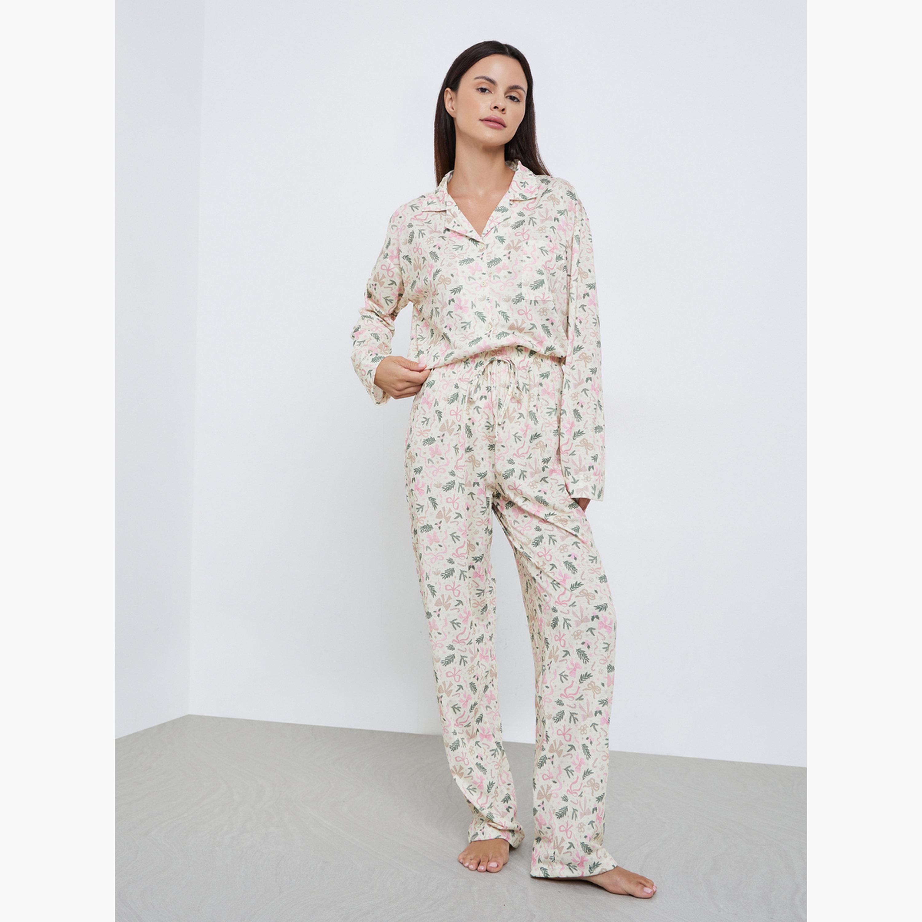 ستايلي - بيجاما قميص بأكمام طويلة بطبعة فيونكة شتوية-women-clothing-nightwear-pyjamas-longsets-image-2