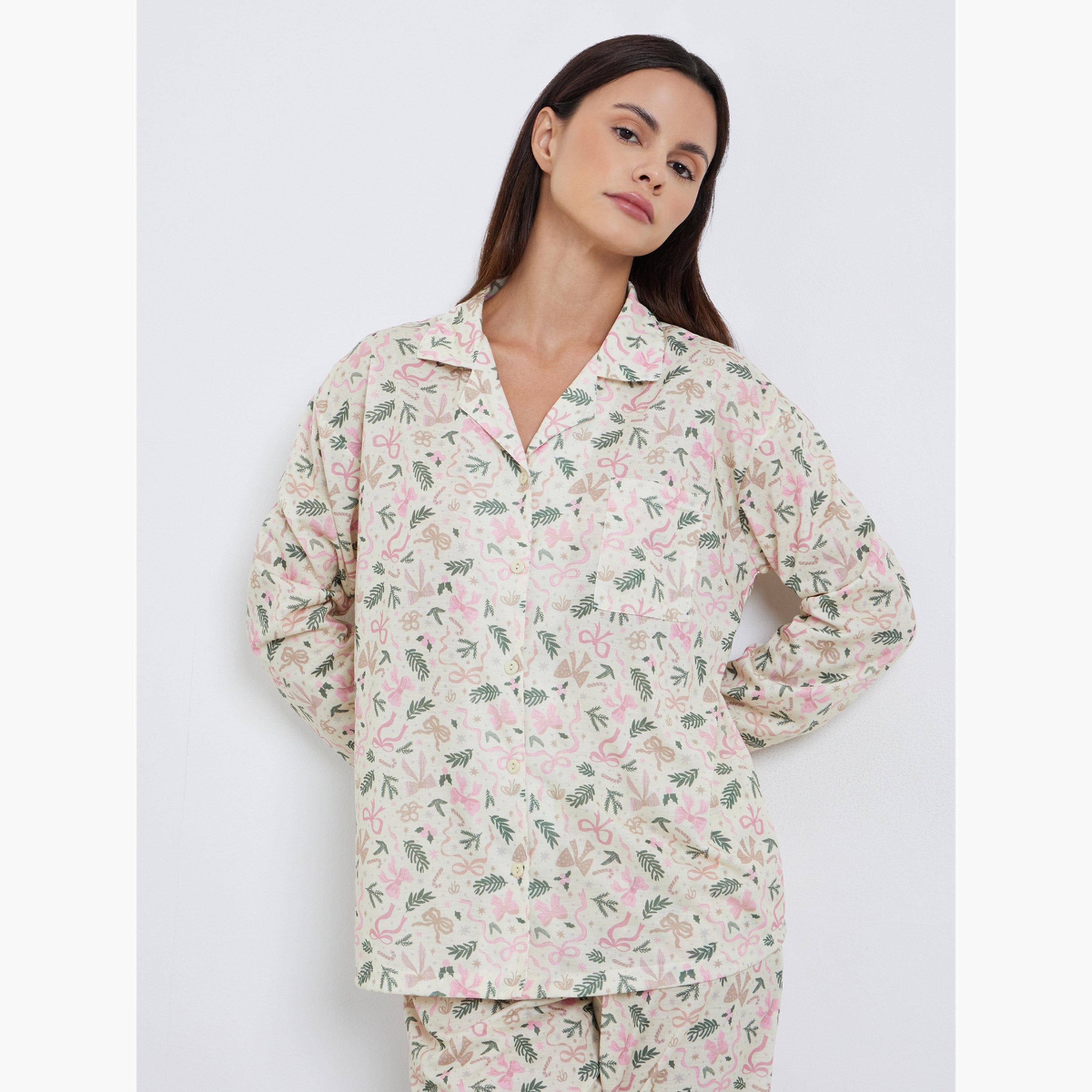 ستايلي - بيجاما قميص بأكمام طويلة بطبعة فيونكة شتوية-women-clothing-nightwear-pyjamas-longsets-image-3