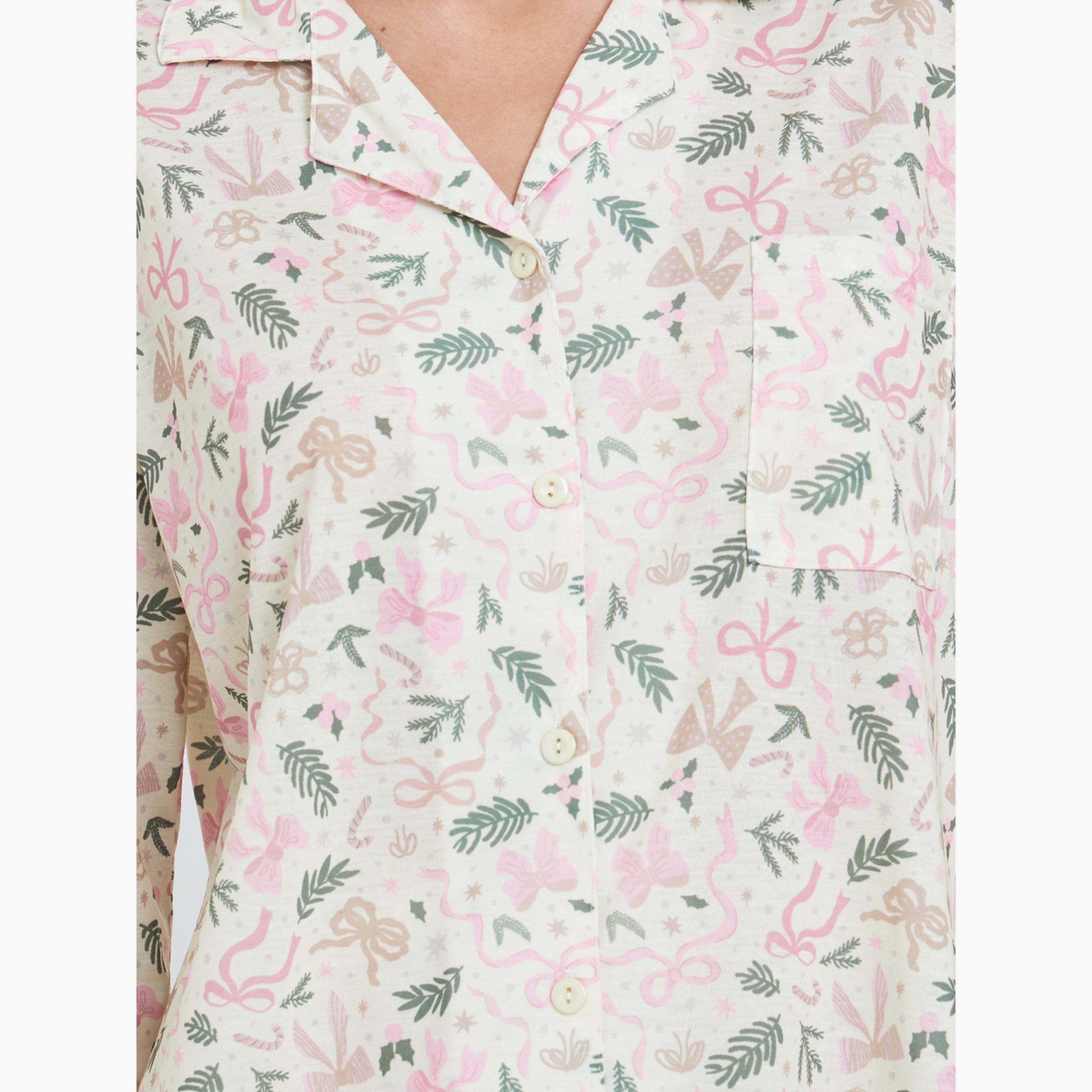 ستايلي - بيجاما قميص بأكمام طويلة بطبعة فيونكة شتوية-women-clothing-nightwear-pyjamas-longsets-image-4