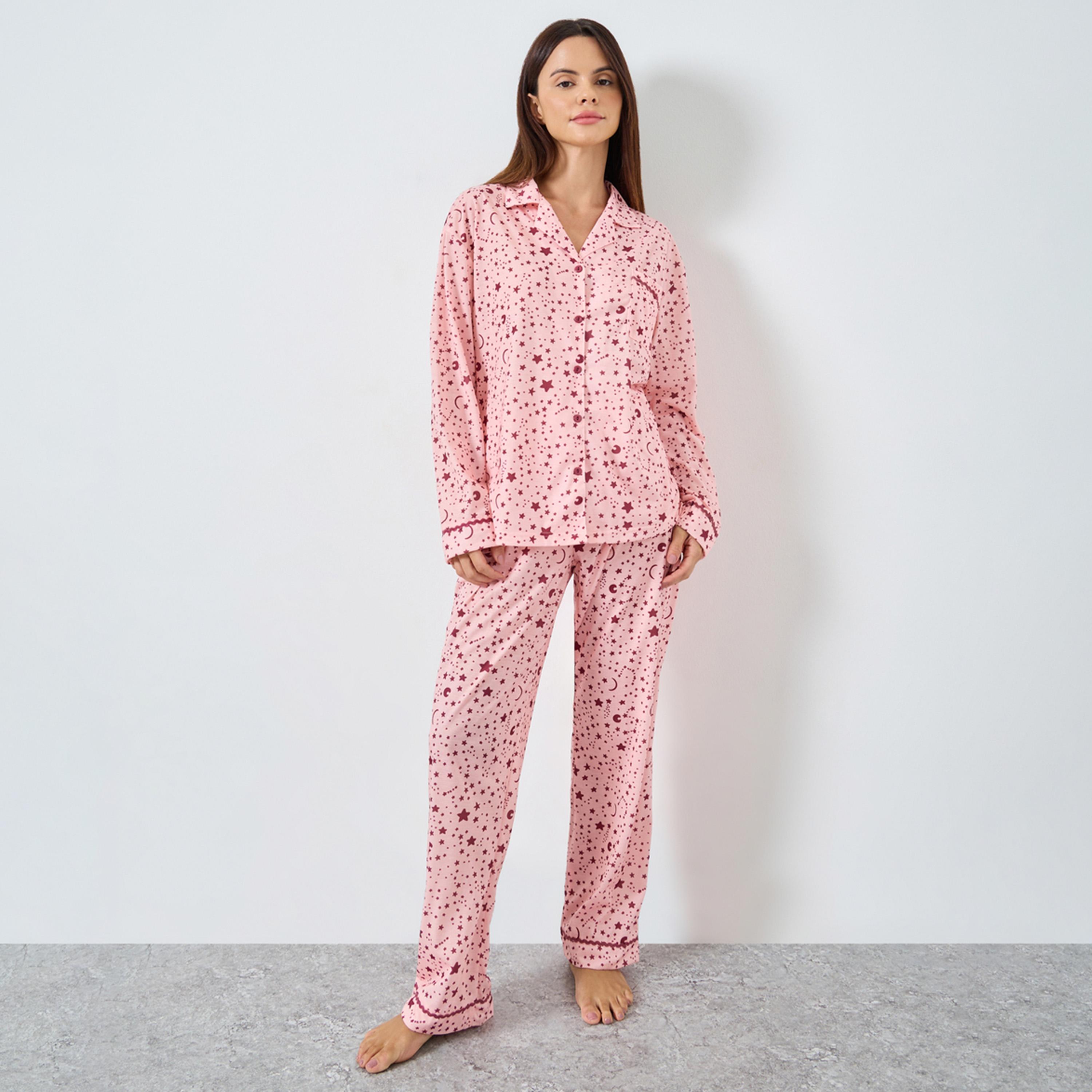 ستايلي - بيجاما قميص  بخطوط متباينة وطبعة نجوم-women-clothing-nightwear-pyjamas-longsets-image-1