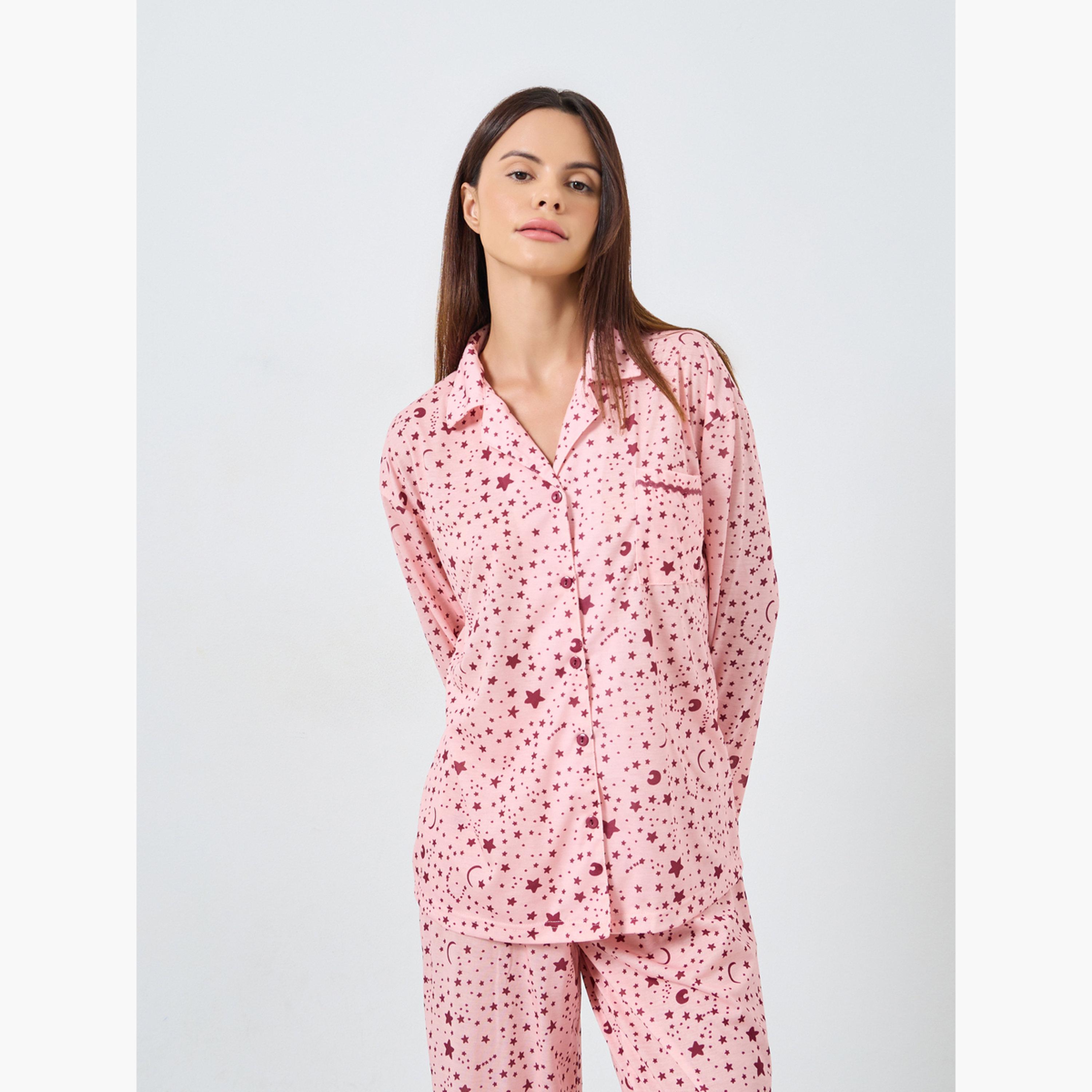 ستايلي - بيجاما قميص  بخطوط متباينة وطبعة نجوم-women-clothing-nightwear-pyjamas-longsets-image-3