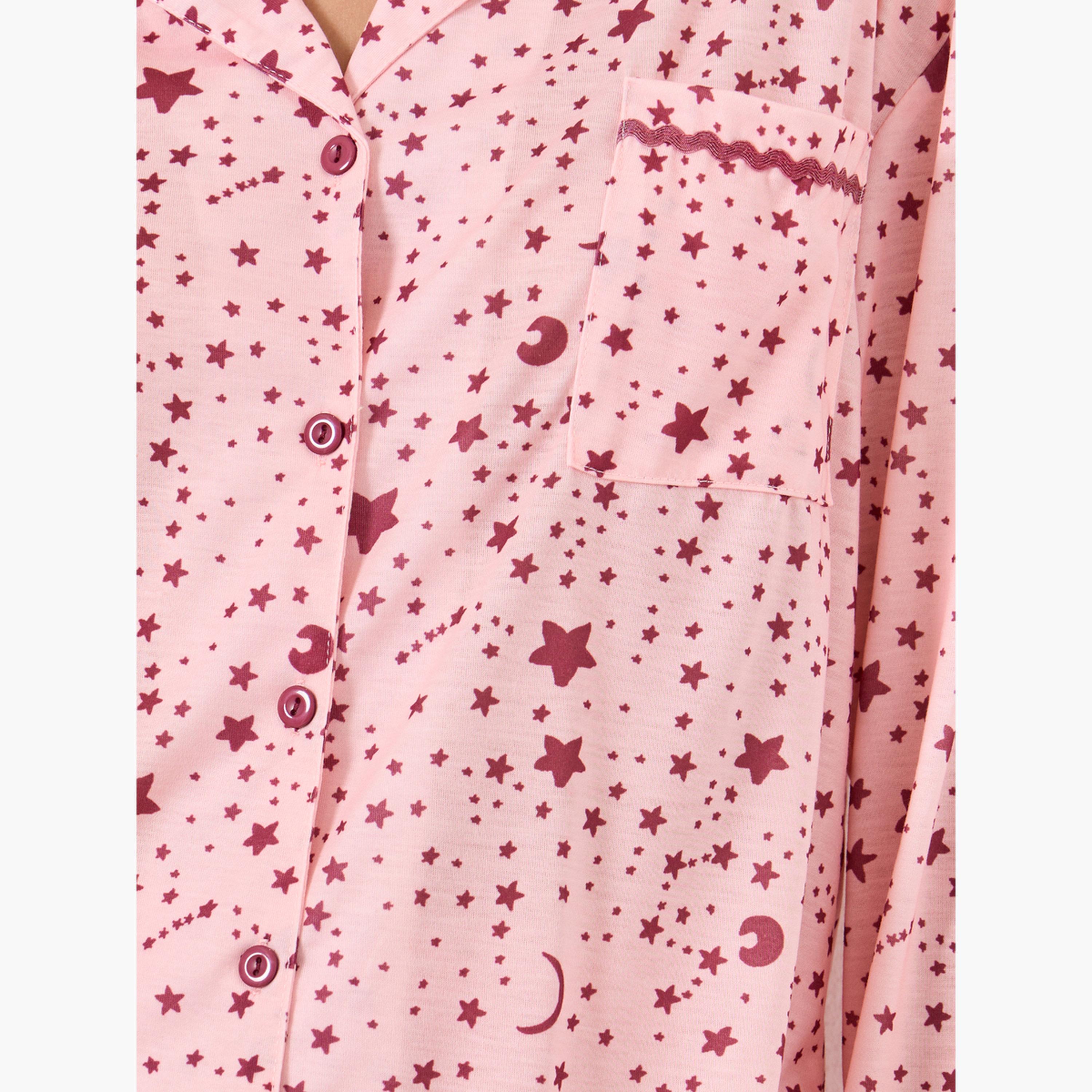 Styli Star Print Contrast Piped Shirt and Pyjama Set-women-clothing-nightwear-pyjamas-longsets-image-4
