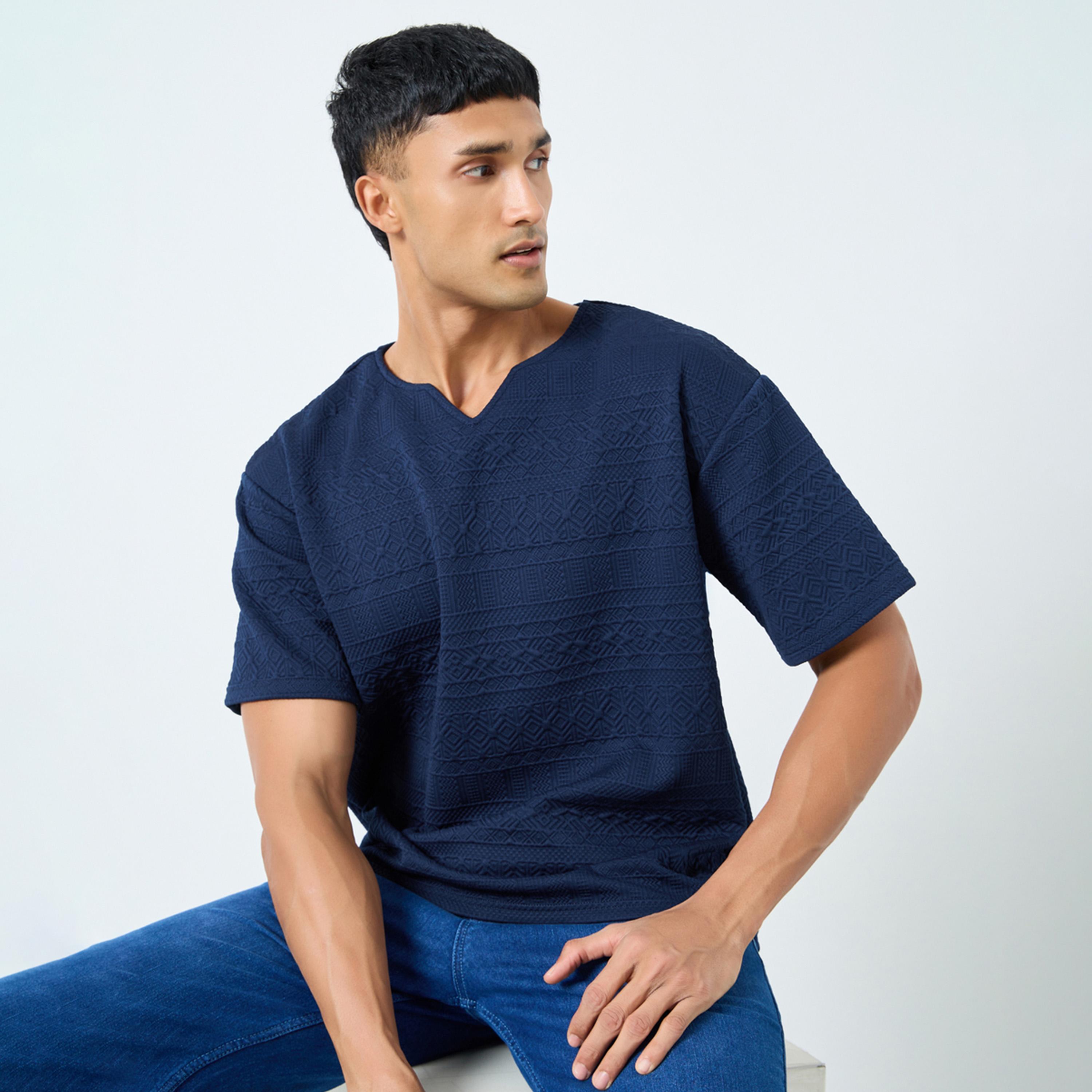 Styli Navy Blue Textured Oversized Notch Neck T-Shirt-men-clothing-tshirtsandpolos-tshirts-image-1