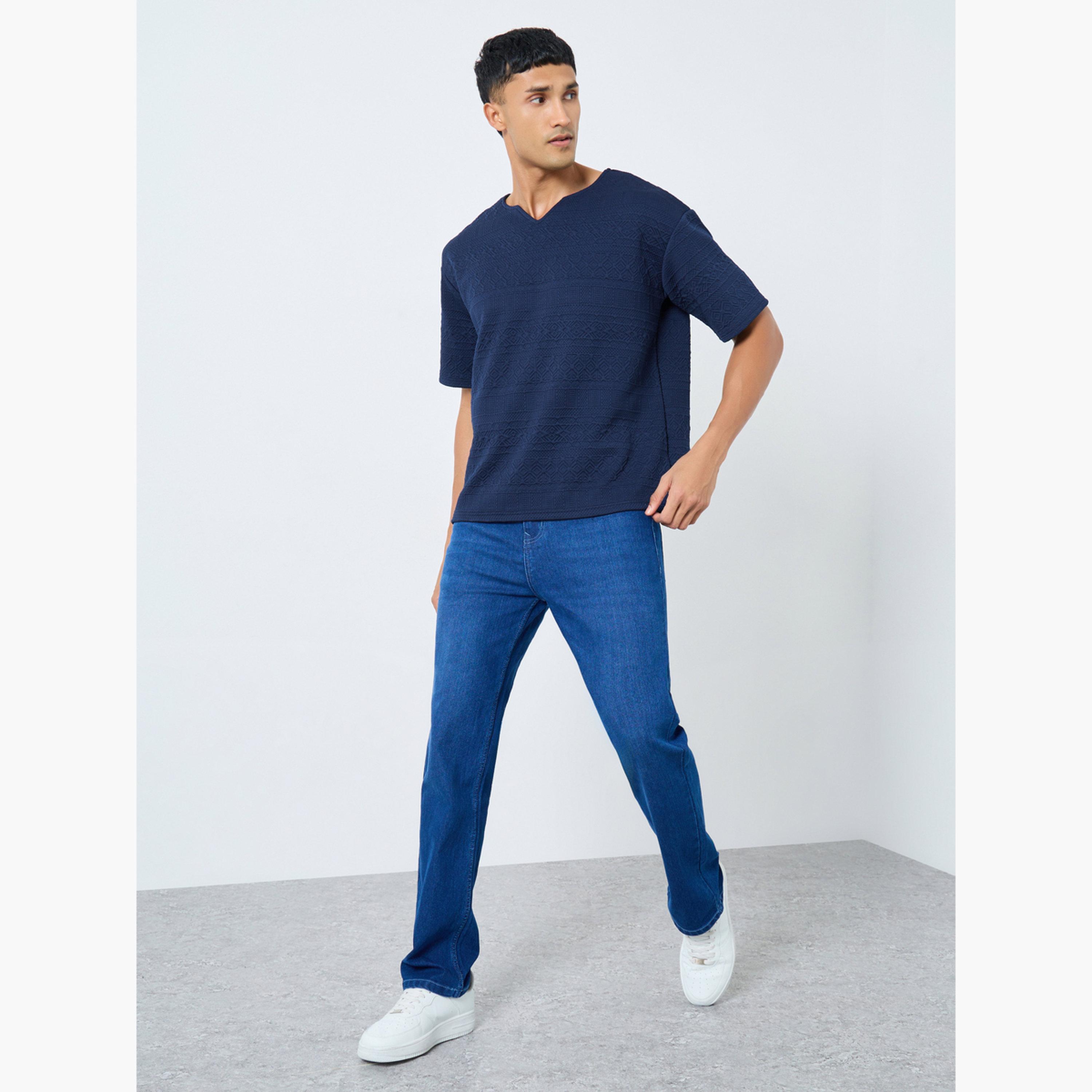 Styli Navy Blue Textured Oversized Notch Neck T-Shirt-men-clothing-tshirtsandpolos-tshirts-image-2